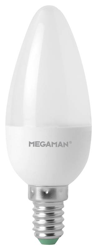 Eine LED-Glühbirne mit E14-Sockel, kerzenförmig, Markenname 'MEGAMAN' auf der Oberfläche.