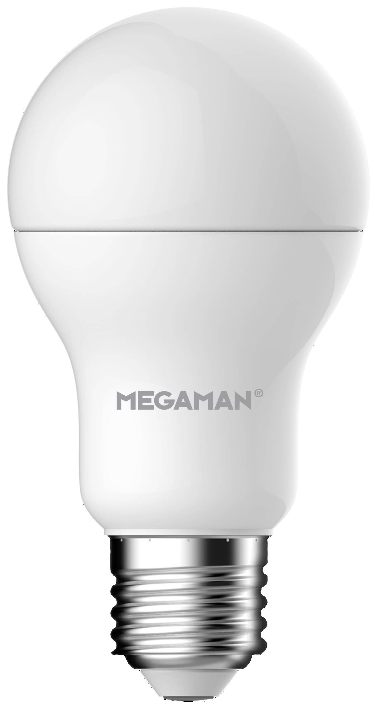 Eine weiße LED-Glühbirne mit silberner Schraube, bedruckt mit dem Markennamen 'MEGAMAN'.