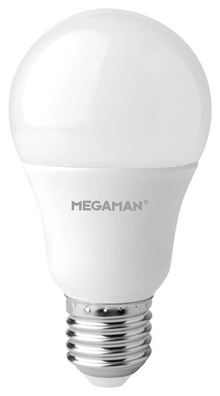 LED-Lampe in klassischer Glühbirnenform mit Sockel, weiße Oberfläche, Marke 'Megaman'.