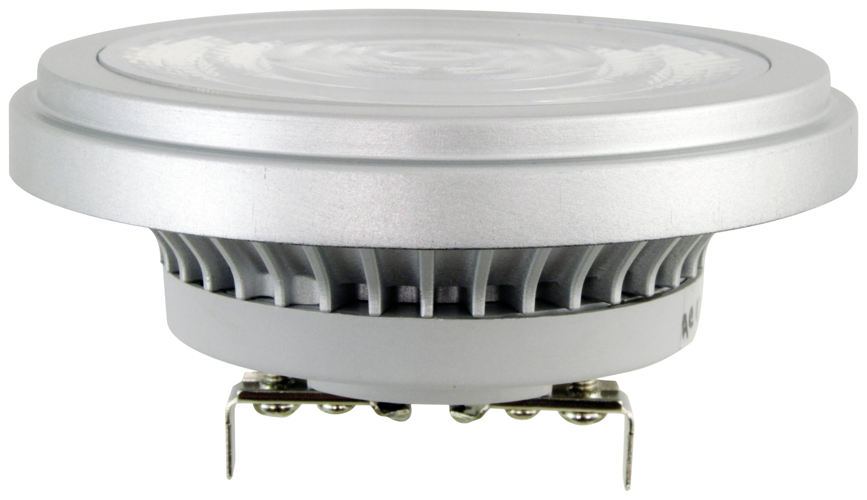 Ein LED-Strahler mit rundem, silbernem Gehäuse und Kühlrippen, geeignet für Deckenmontage. Optimiert für energieeffiziente Beleuchtung.