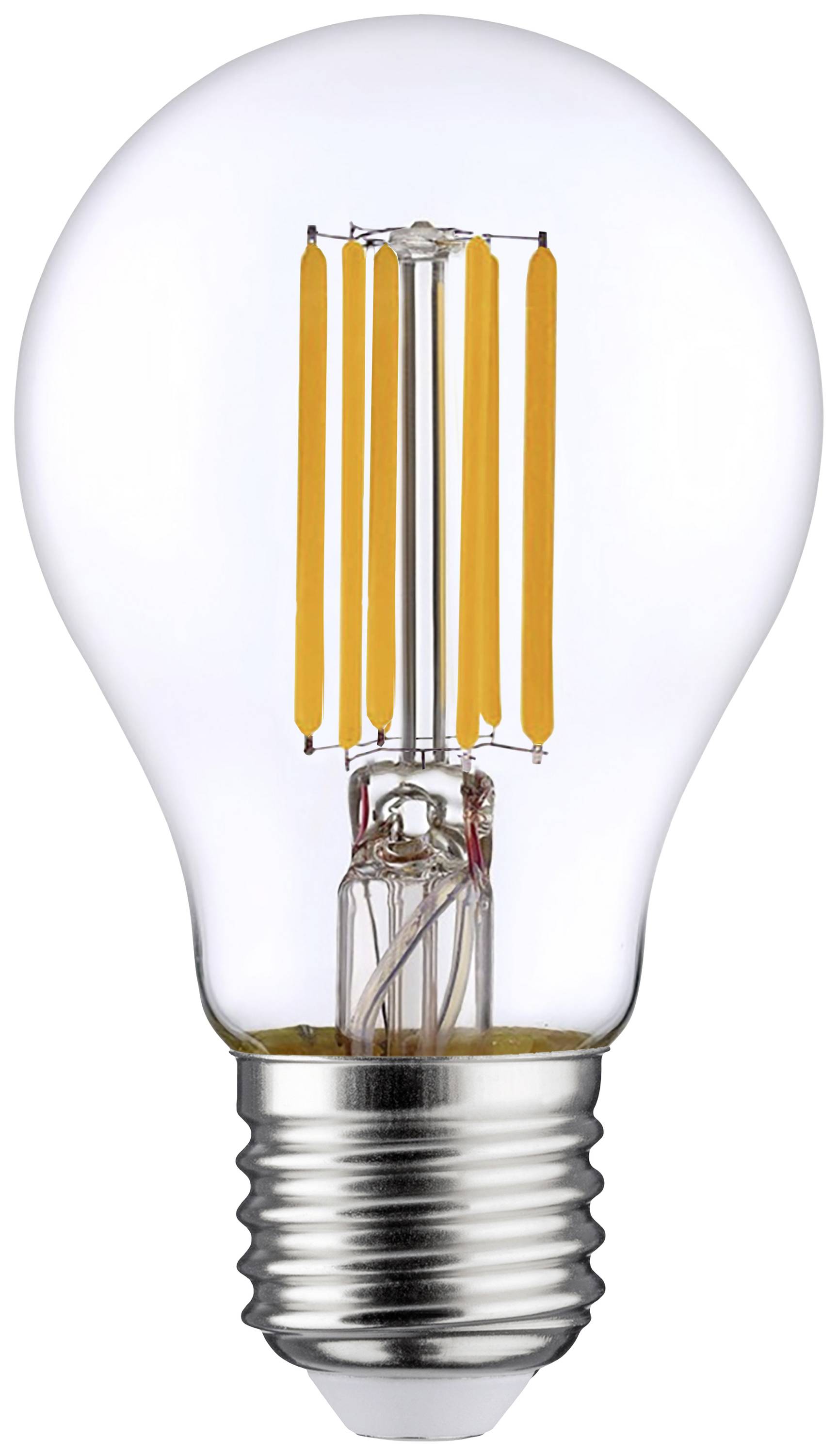 Eine LED-Glühbirne mit sichtbaren Filamenten, klarer Glaskörper und silberne Fassung, auf neutralem Hintergrund.