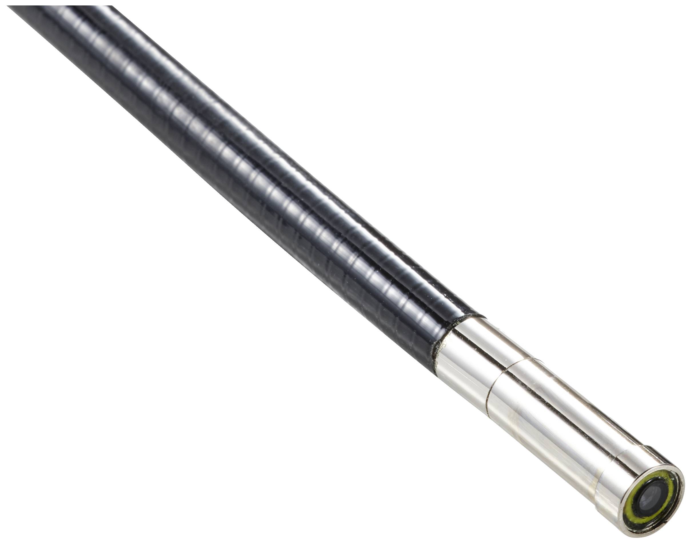 Nahaufnahme eines flexiblen Endoskopschlauchs mit Metallspitze und Kamera, verwendet für technische Inspektionen und Reparaturen.