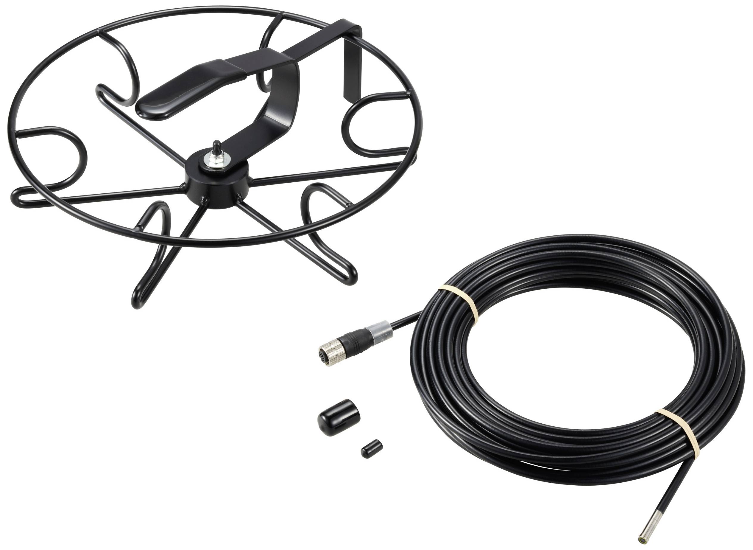 Ein Rotorblatt-Korrekturkit mit Draht-Richtwerkzeug und Kabel. Enthält eine Metallhalterung, eine lange Kabelspule und einen kleinen Adapter.