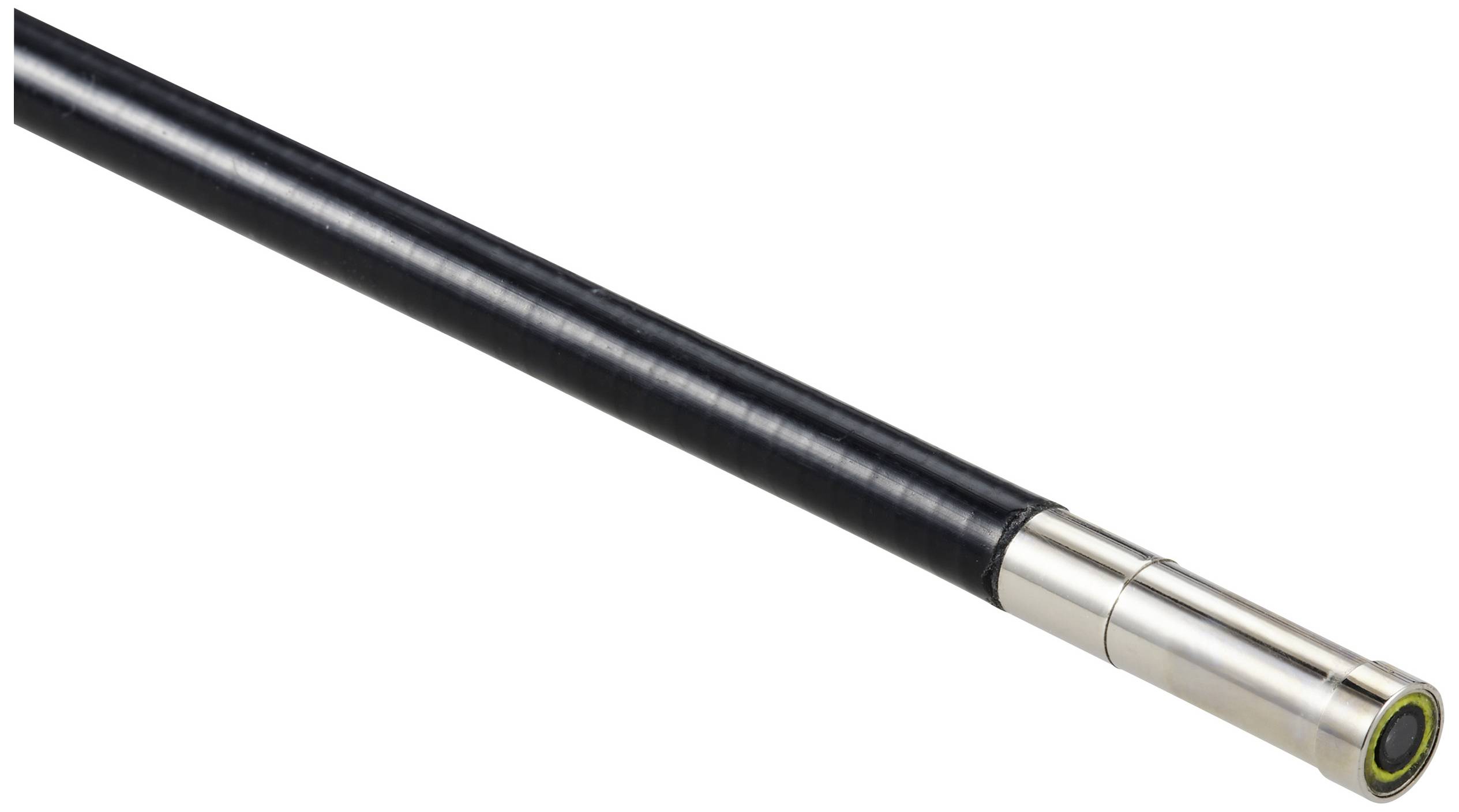 Ein schwarzer Kabelstecker mit metallischem Anschluss am Ende, isoliert auf weißem Hintergrund.