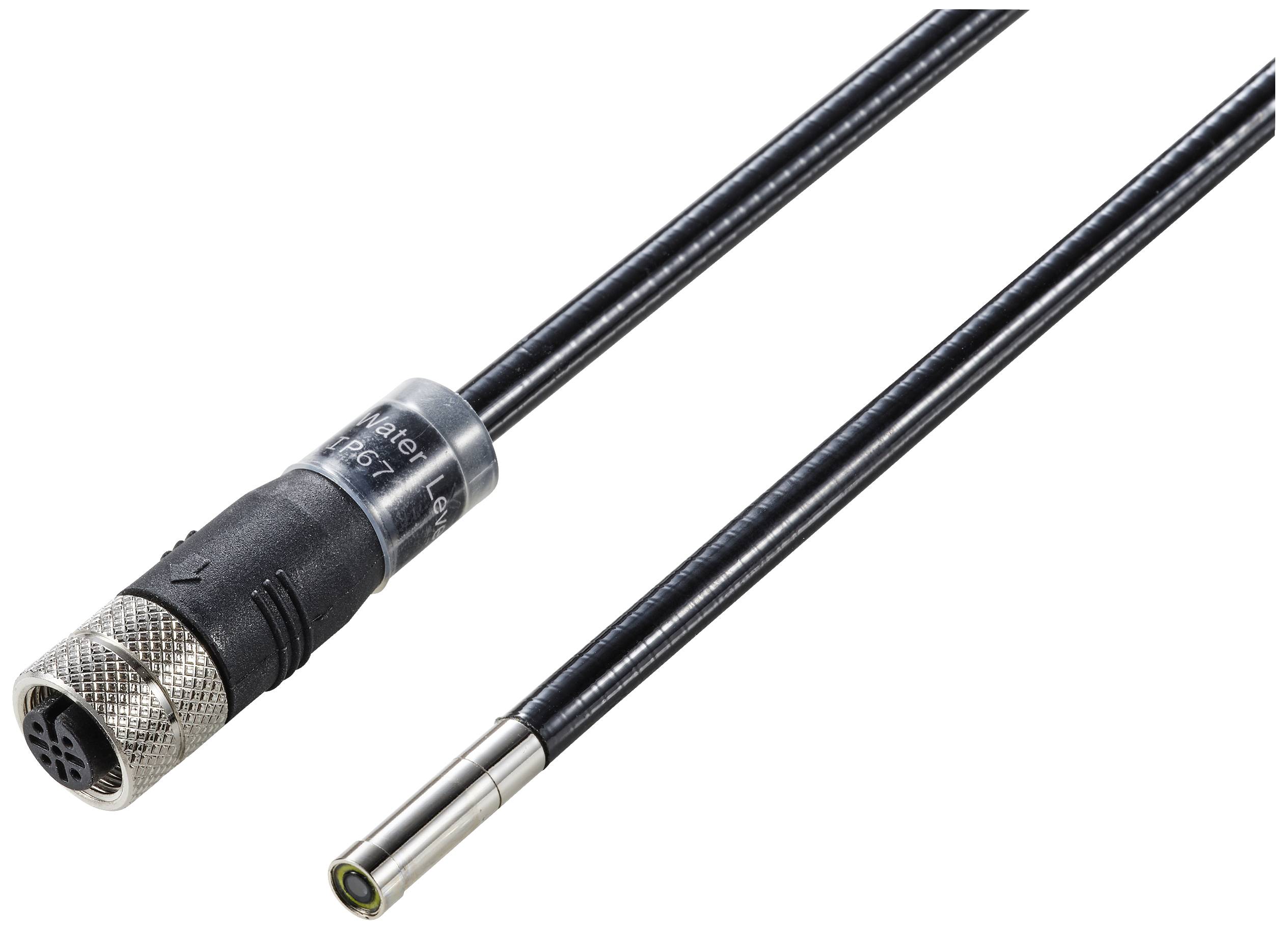 'Ein Sensor mit zwei Kabeln: links ein Rundstecker, rechts ein zylindrischer Sensor.'