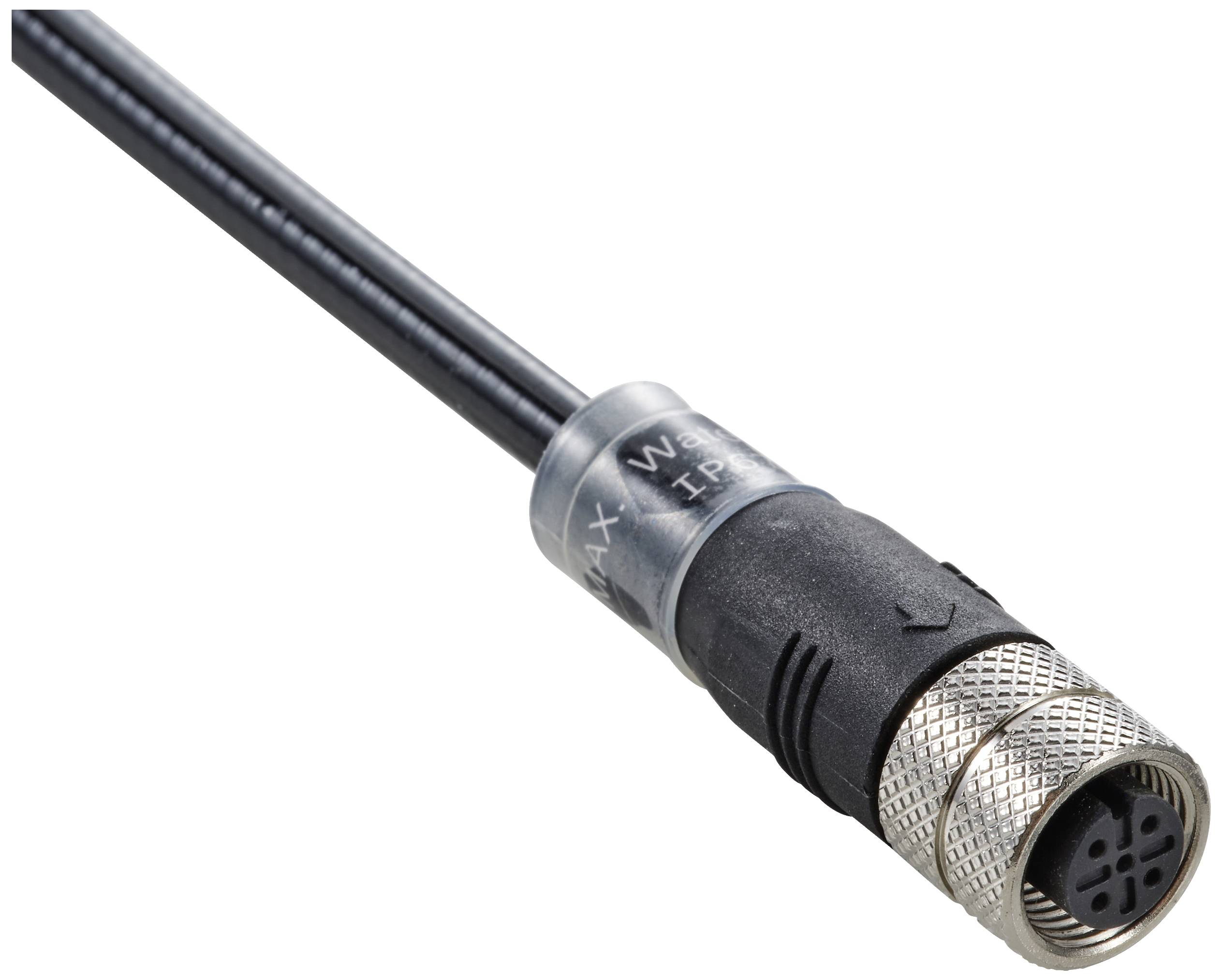Schwarzes Kabel mit einem Metallstecker und einem beschrifteten Ring. Der Stecker hat mehrere Pins und ist für elektrische Verbindungen geeignet.