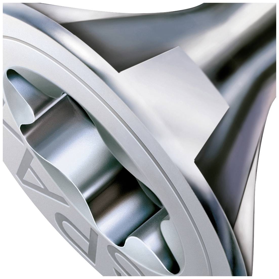 Nahaufnahme einer metallischen, spiralförmigen Struktur mit glatten, reflektierenden Oberflächen und eingravierten Buchstaben.