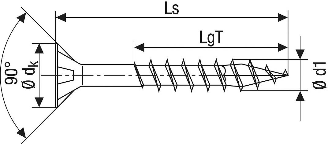 Technische Zeichnung einer Schraube mit Senkkopf. Markiert sind Länge (Ls), Gewindelänge (LgT), Kopfdurchmesser (ø dk) und Außengewindedurchmesser (ø d1).