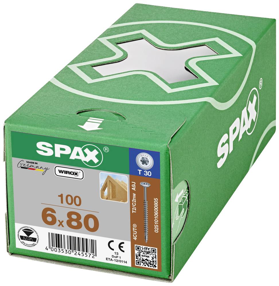 Grüne Verpackung von Schrauben der Marke Spax, 6x80mm, 100 Stück, mit CE-Kennzeichnung und 'Made in Germany'-Label.