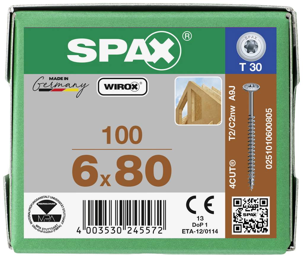 Eine grüne Schachtel mit SPAX-Logo enthält 100 T30 Schrauben, 6x80 mm. Aufdrucke: 'Made in Germany', Wirox, QR-Code, Zertifikate.