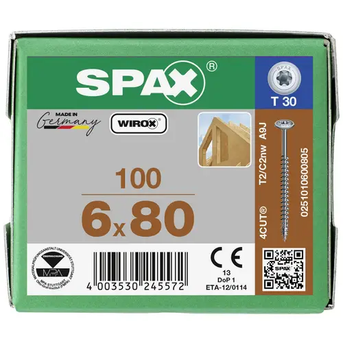 SPAX 251010600805 Holzschraube 6mm 80mm T-STAR plus Stahl WIROX 100St. SPAX 251010600805 Holzschraube 6mm 80mm T-STAR plus Stahl WIROX 100St.