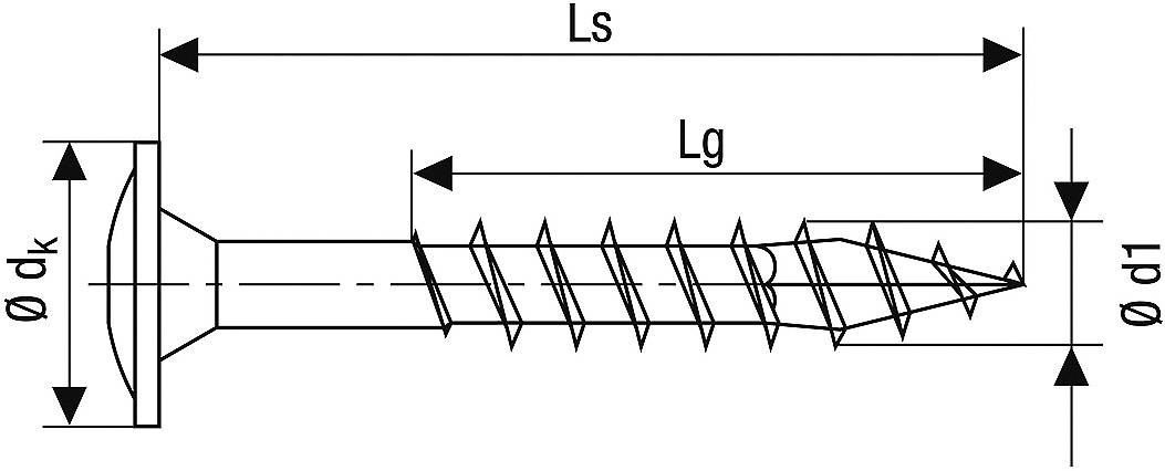 Technische Zeichnung einer Schraube mit Senkkopf, zeigt Maße: dk (Durchmesser Kopf), Ls (Gesamtlänge), Lg (Gewindelänge), d1 (Schaftdurchmesser).