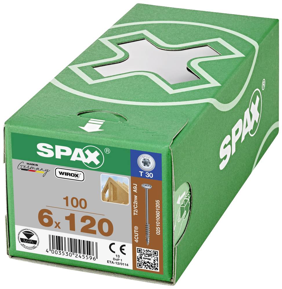 Eine grüne Verpackung mit der Aufschrift 'SPAX' enthält 100 Schrauben der Größe 6x120 für den Holzbau. Made in Germany.