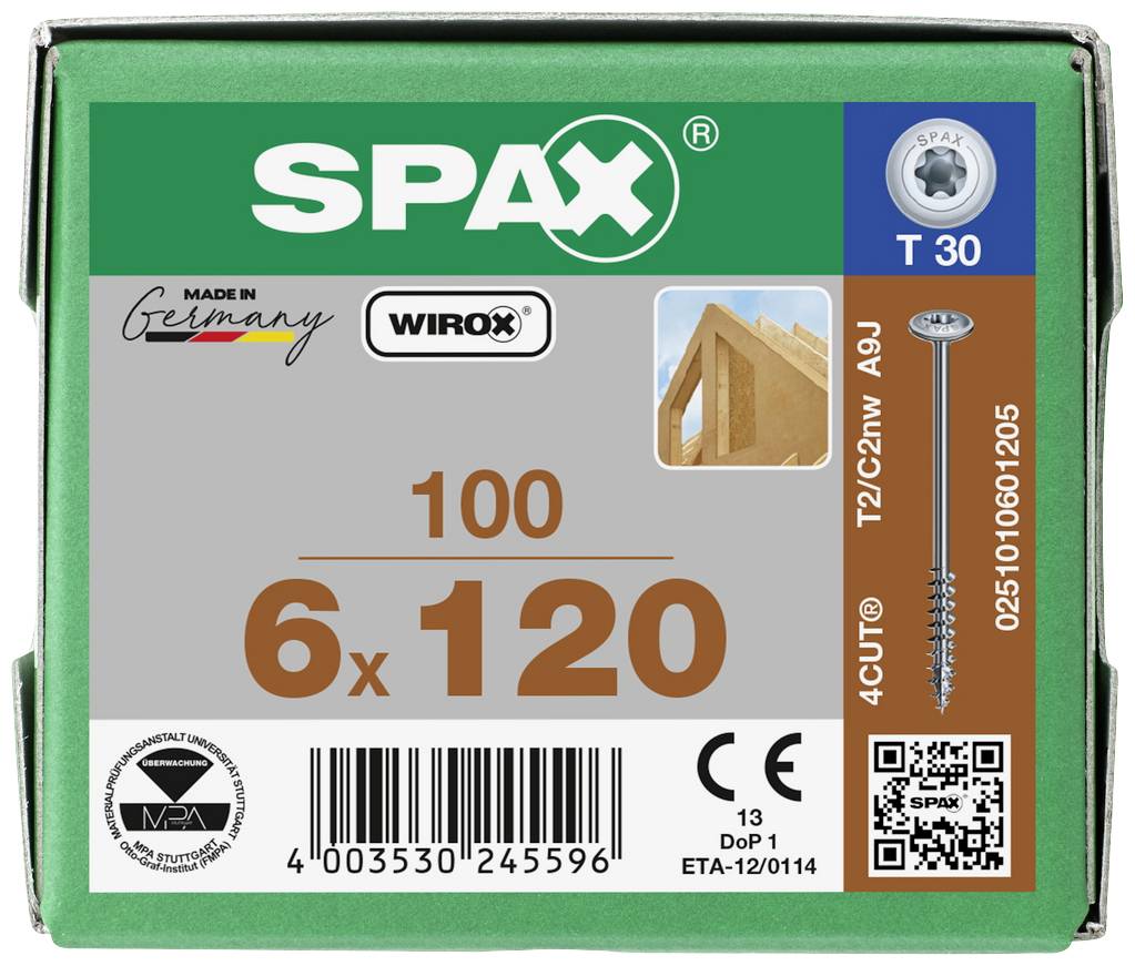 'Spax'-Schraubenverpackung mit Aufschrift 'Made in Germany'. Paket enthält 100 Schrauben, Größe 6 x 120 mm, mit T30 Kopf.