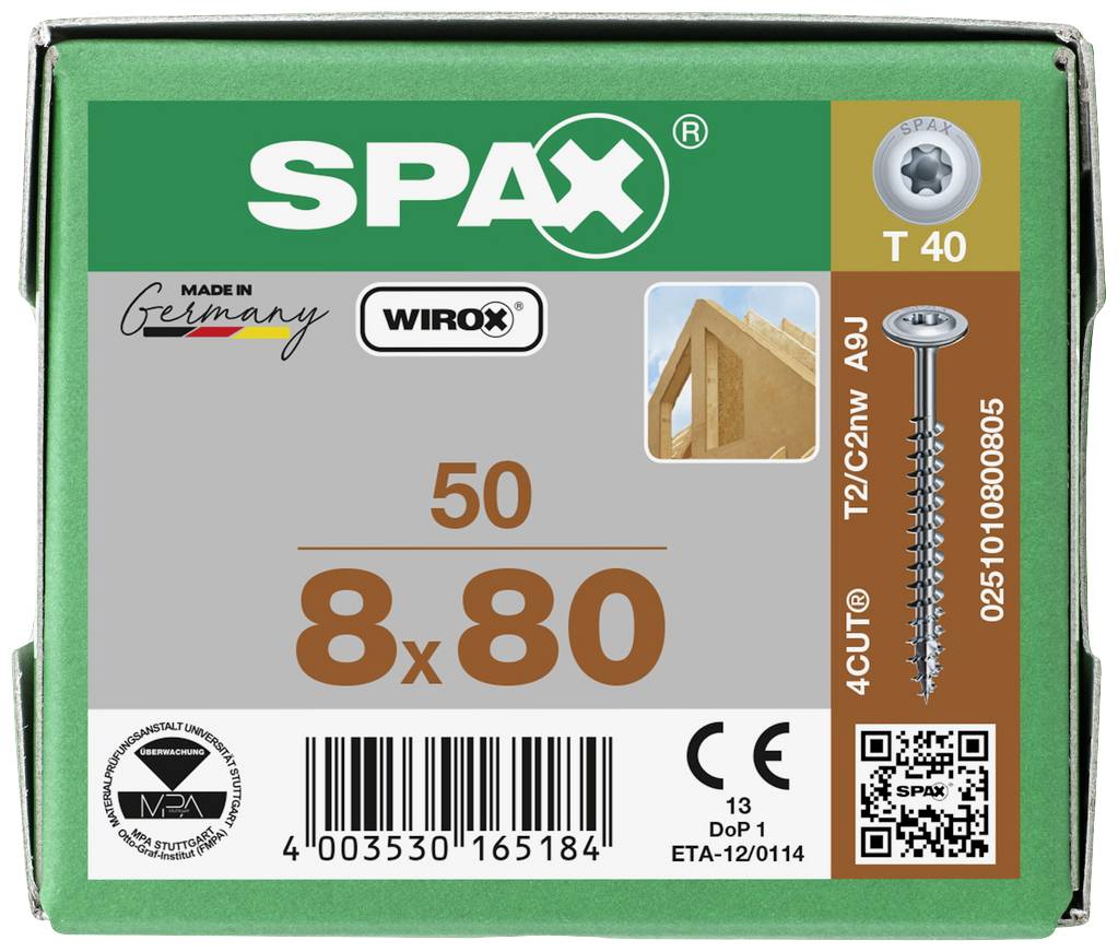 SPAX 251010800805 Holzschraube 8 mm 80 mm T-STAR plus Stahl WIROX 50 St.