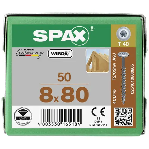 SPAX 251010800805 Holzschraube 8mm 80mm T-STAR plus Stahl WIROX 50St. SPAX 251010800805 Holzschraube 8mm 80mm T-STAR plus Stahl WIROX 50St.