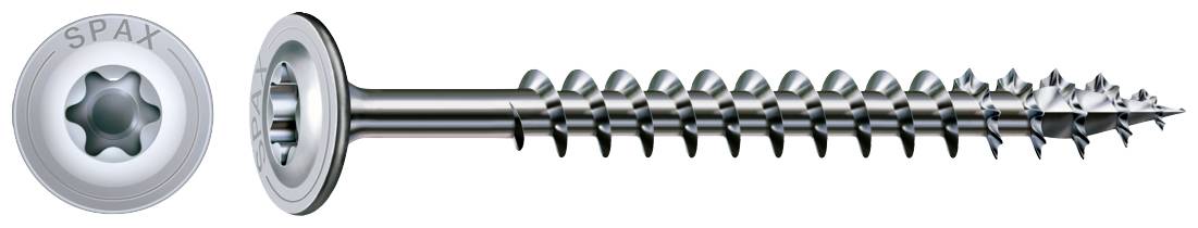 Eine Metallholzschraube mit Torx-Schlitz und flachem Kopf, neben einer Draufsicht des Kopfes mit dem Aufdruck 'SPAX'.