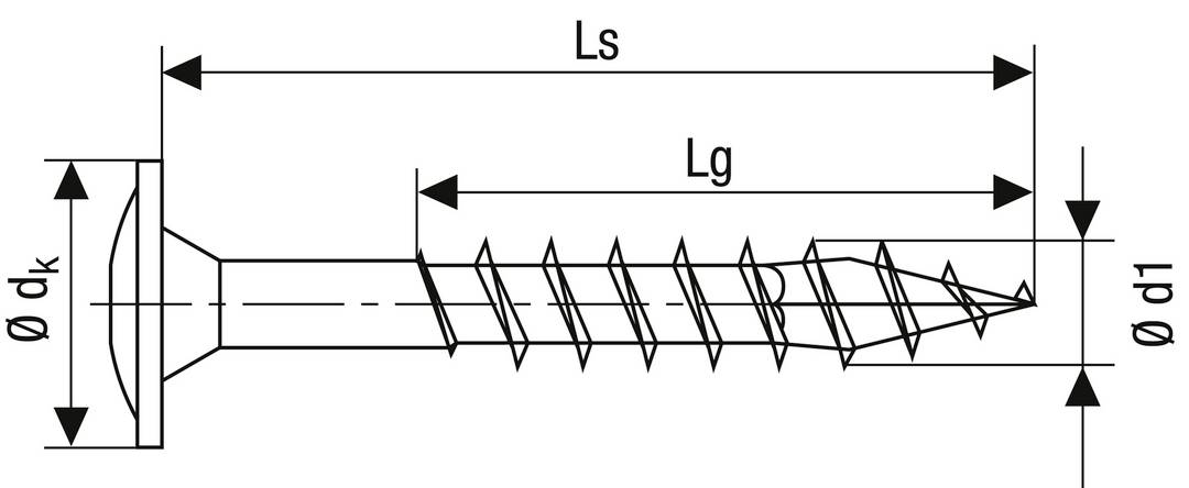 Technische Zeichnung eines Holzschraubengewindes mit markierten Maßen: Gesamtlänge (Ls), Gewindelänge (Lg), Kopfdurchmesser (dk), Kerndurchmesser (d1).