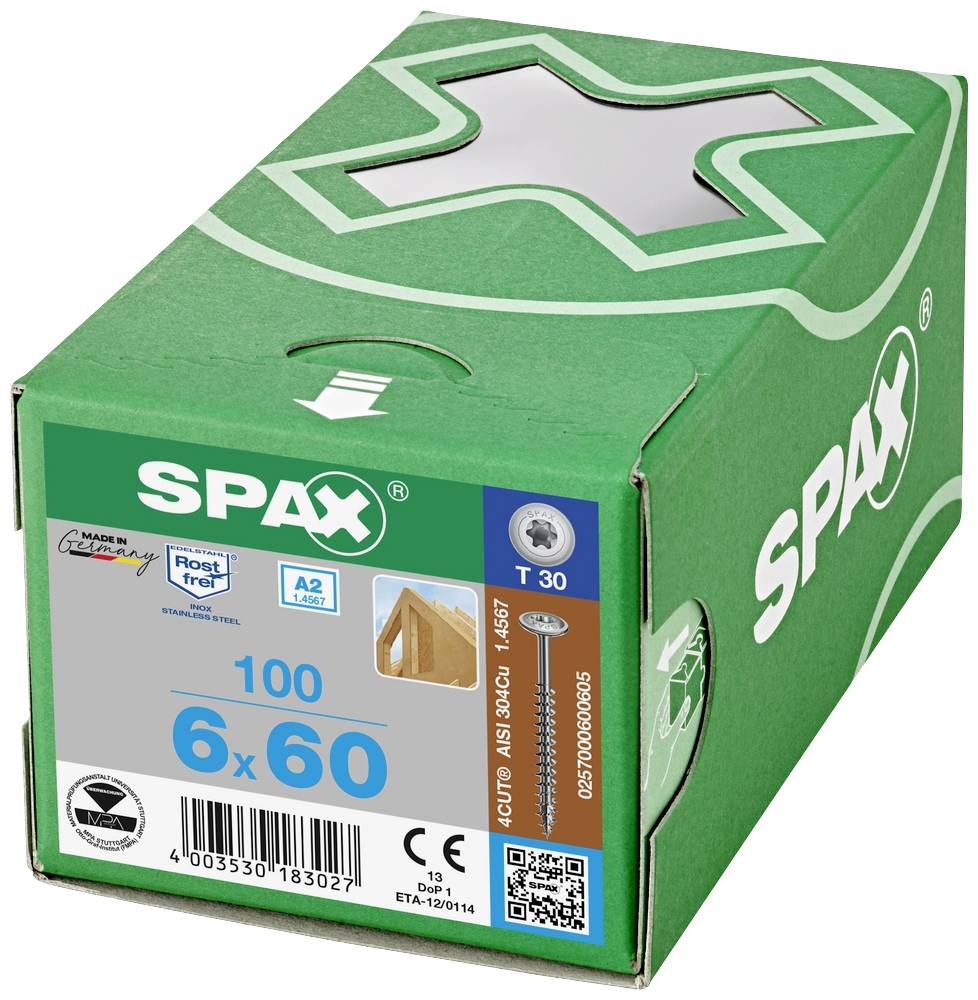 Grüne Box mit SPAX-Logo, 100 Schrauben 6x60 mm, geeignet für Holzverbindungen, rostfrei, A2 Edelstahl, T30 Antrieb.