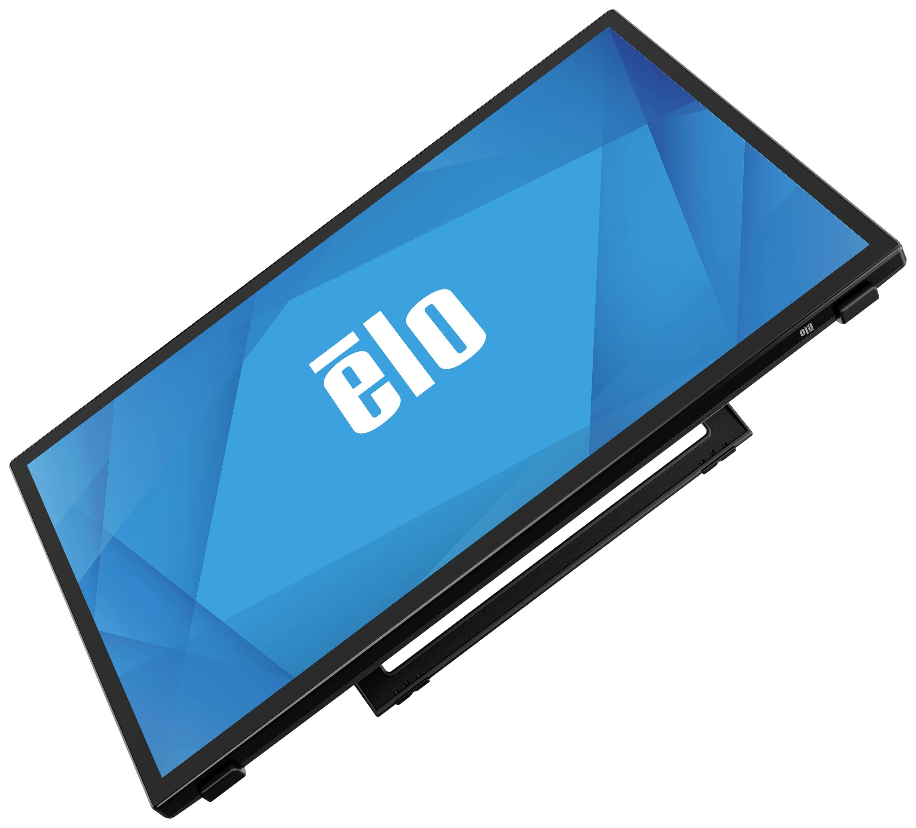 Ein schräg eingebauter Touchscreen-Monitor mit blauem Display-Hintergrund und dem weißen Logo 'elo'.
