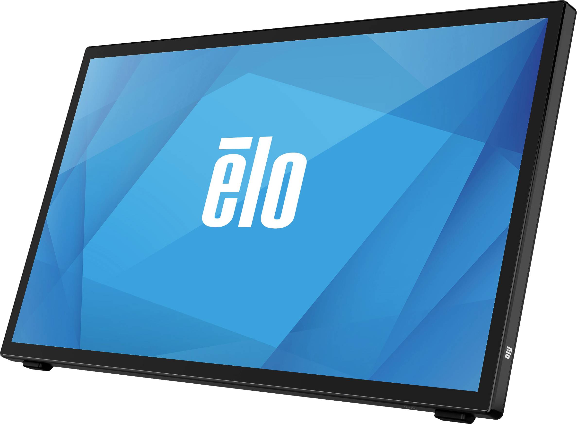 Ein schwarzer Monitor mit einem blauen Bildschirm, auf dem 'elo' in Weiß steht.