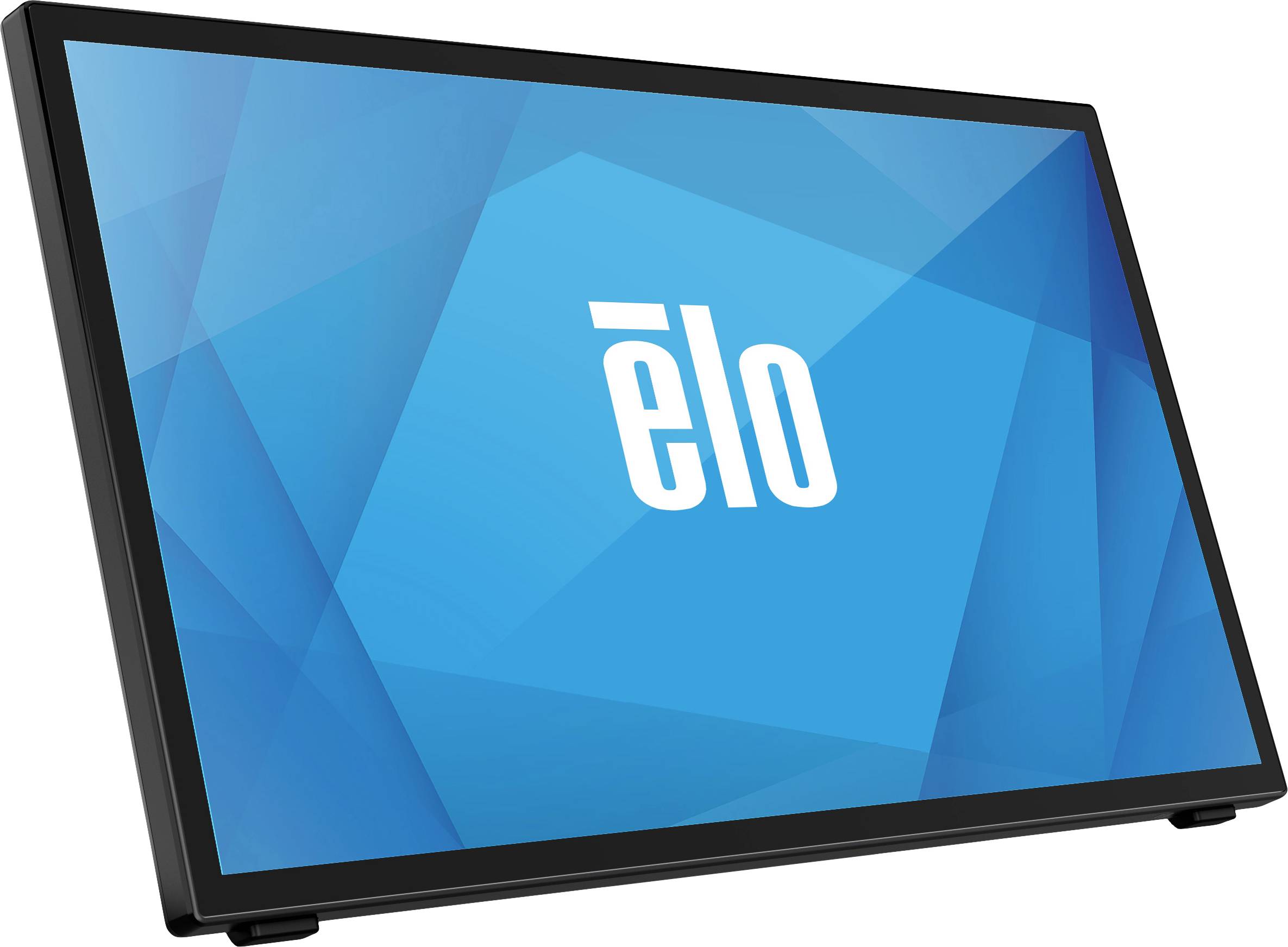 Ein schwarzer Kiosk-Bildschirm zeigt das Logo 'elo' auf blauem Hintergrund.