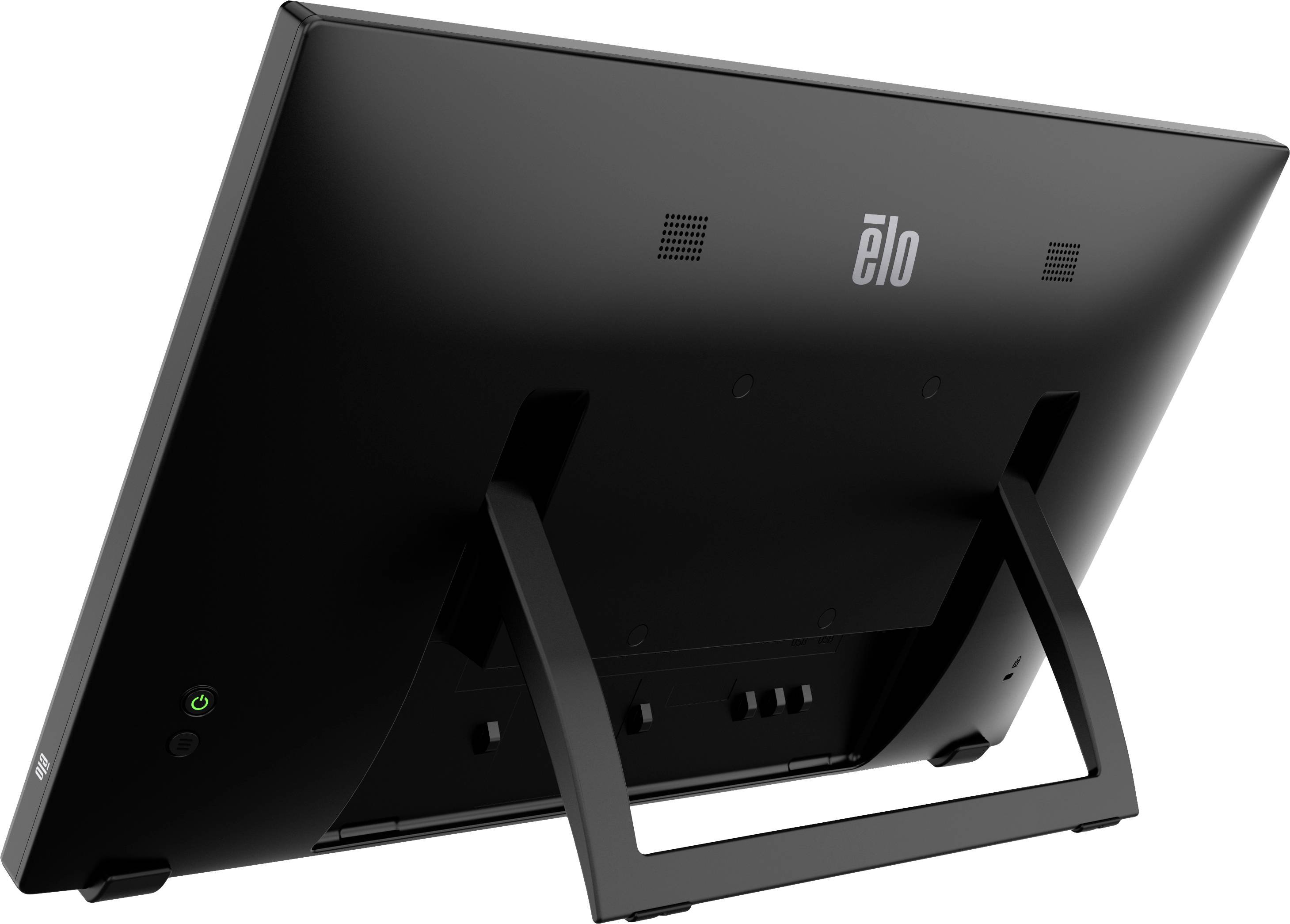 'Rückansicht eines schwarzen Computerbildschirms mit Standfuß, Marke 'Elo', zeigt Anschlüsse und Belüftungsschlitze.'
