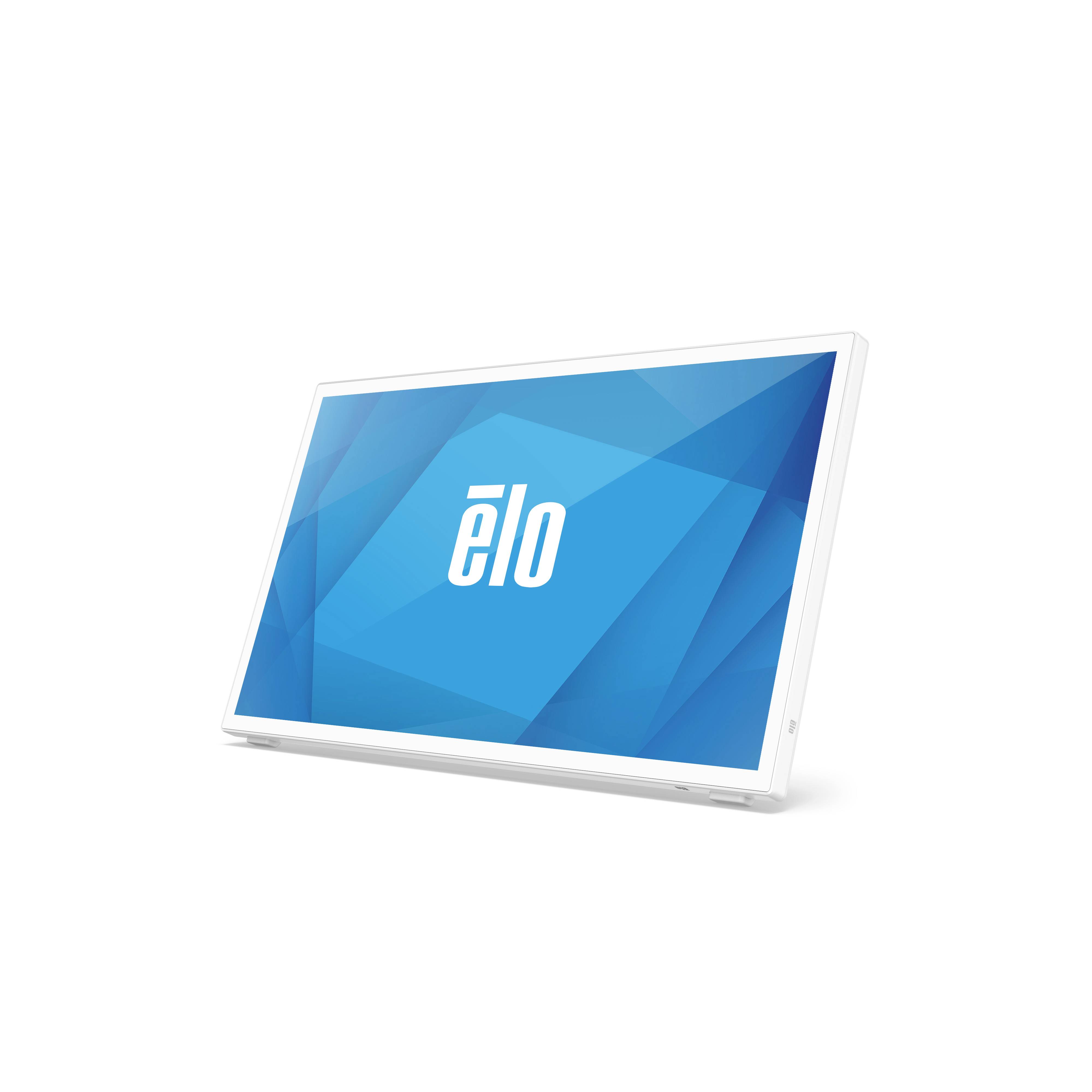 Ein weißer Monitor mit blauer Bildschirmdarstellung und dem Wort 'elo' in der Mitte.