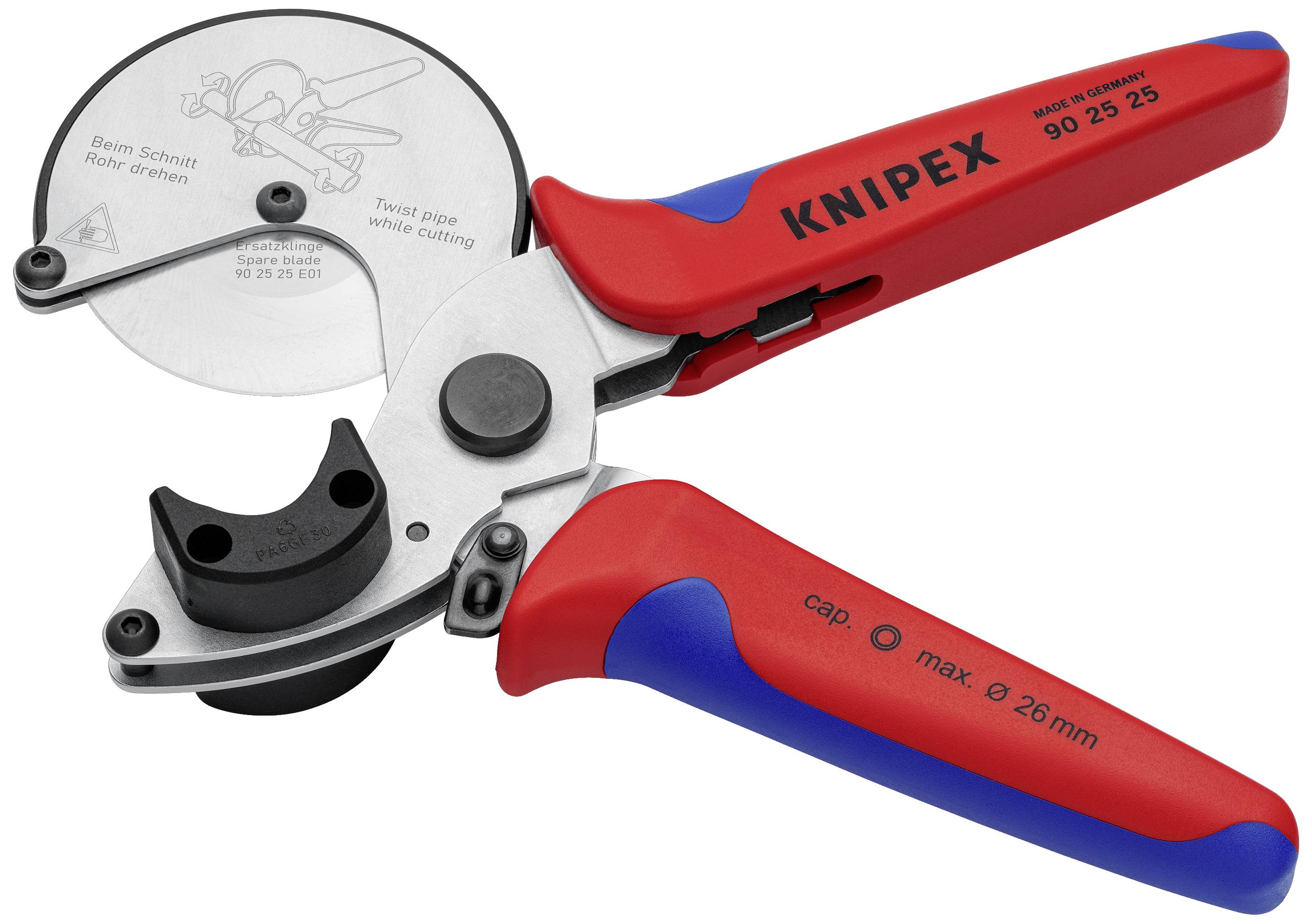 Rohrabschneider mit rot-blauem Griff, geeignet für Rohre bis 26 mm Durchmesser. Aufschrift: 'Beim Schnitt Rohr drehen'.