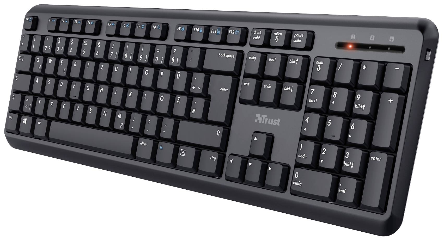 Trust TK-350 Funk Tastatur Deutsch, QWERTZ Schwarz mit numerischer Tastatur, Multimediatasten