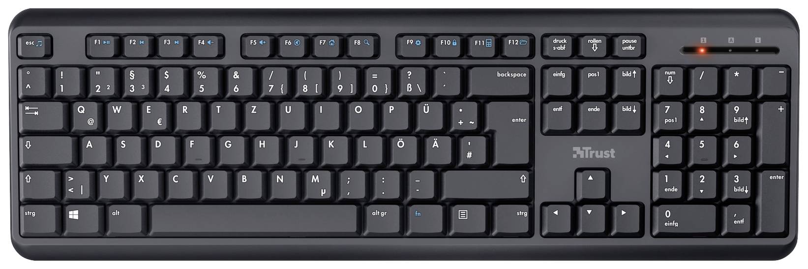 Trust TK-350 Funk Tastatur Deutsch, QWERTZ Schwarz mit numerischer Tastatur, Multimediatasten