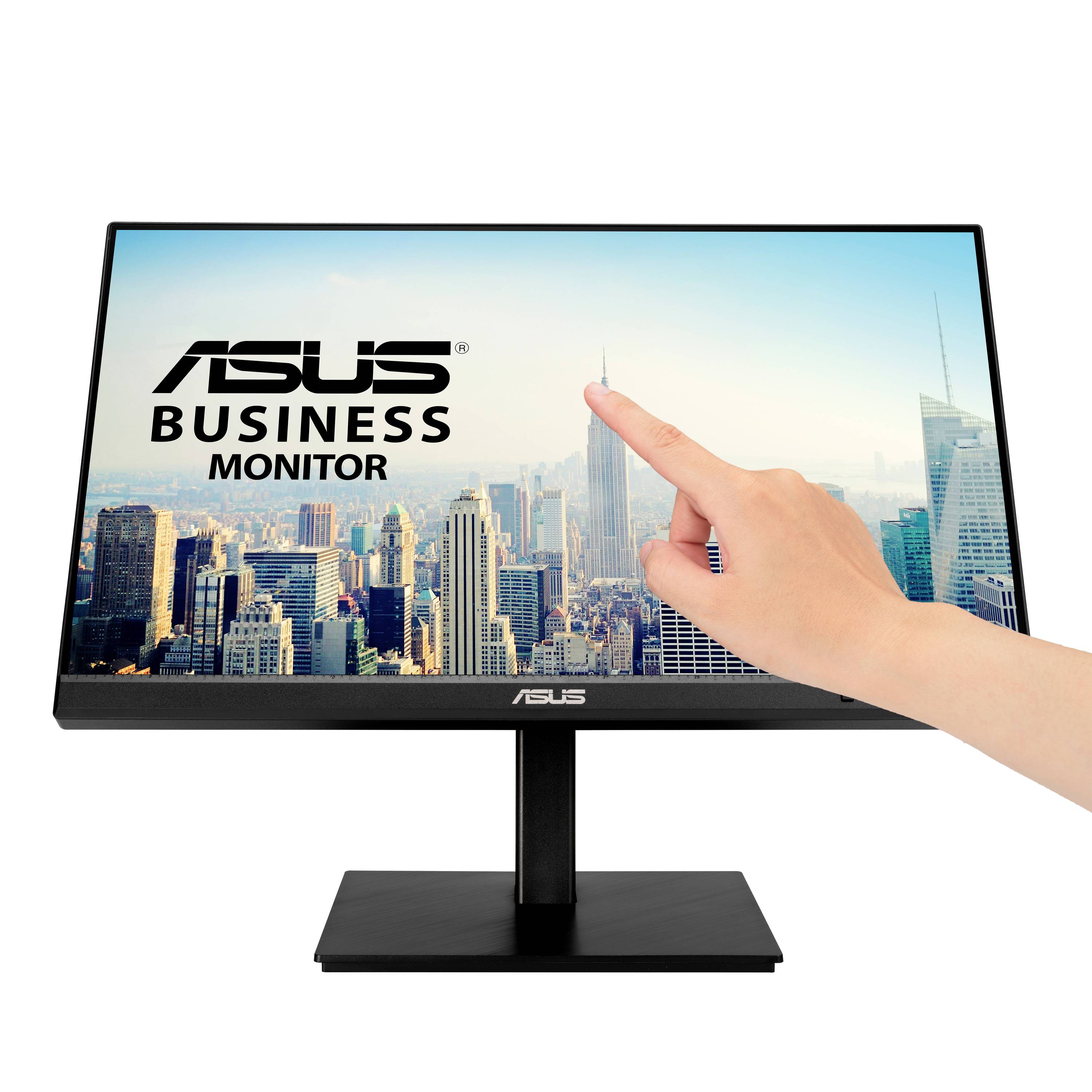 Ein Monitor mit Skyline-Hintergrund und einer Hand, die den Bildschirm berührt. 'ASUS Business Monitor' steht auf dem Bildschirm.