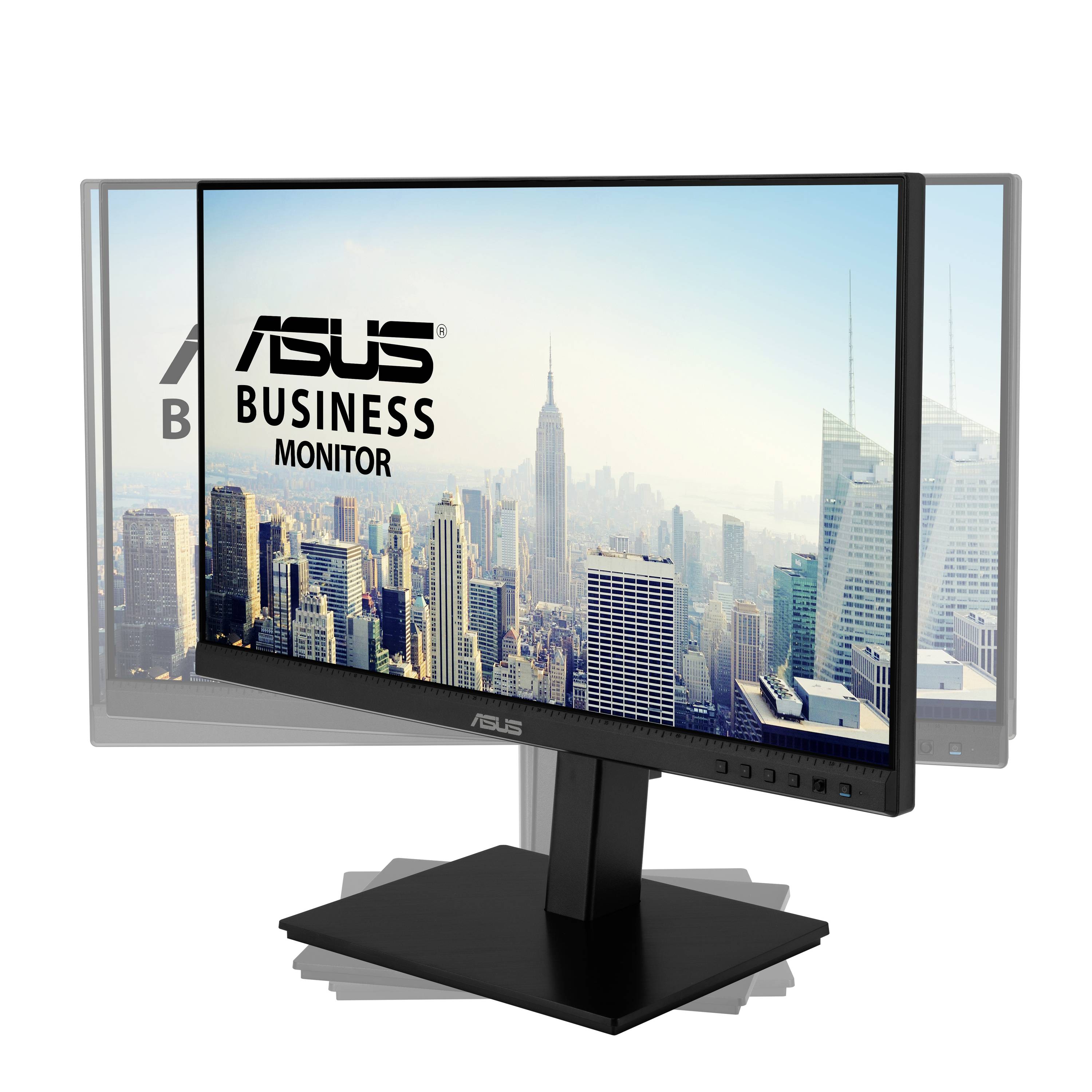 'ASUS Business Monitor' zeigt eine Stadtansicht mit Wolkenkratzern und einem prominenten Gebäude im Hintergrund. Ideal für Business-Umgebungen.