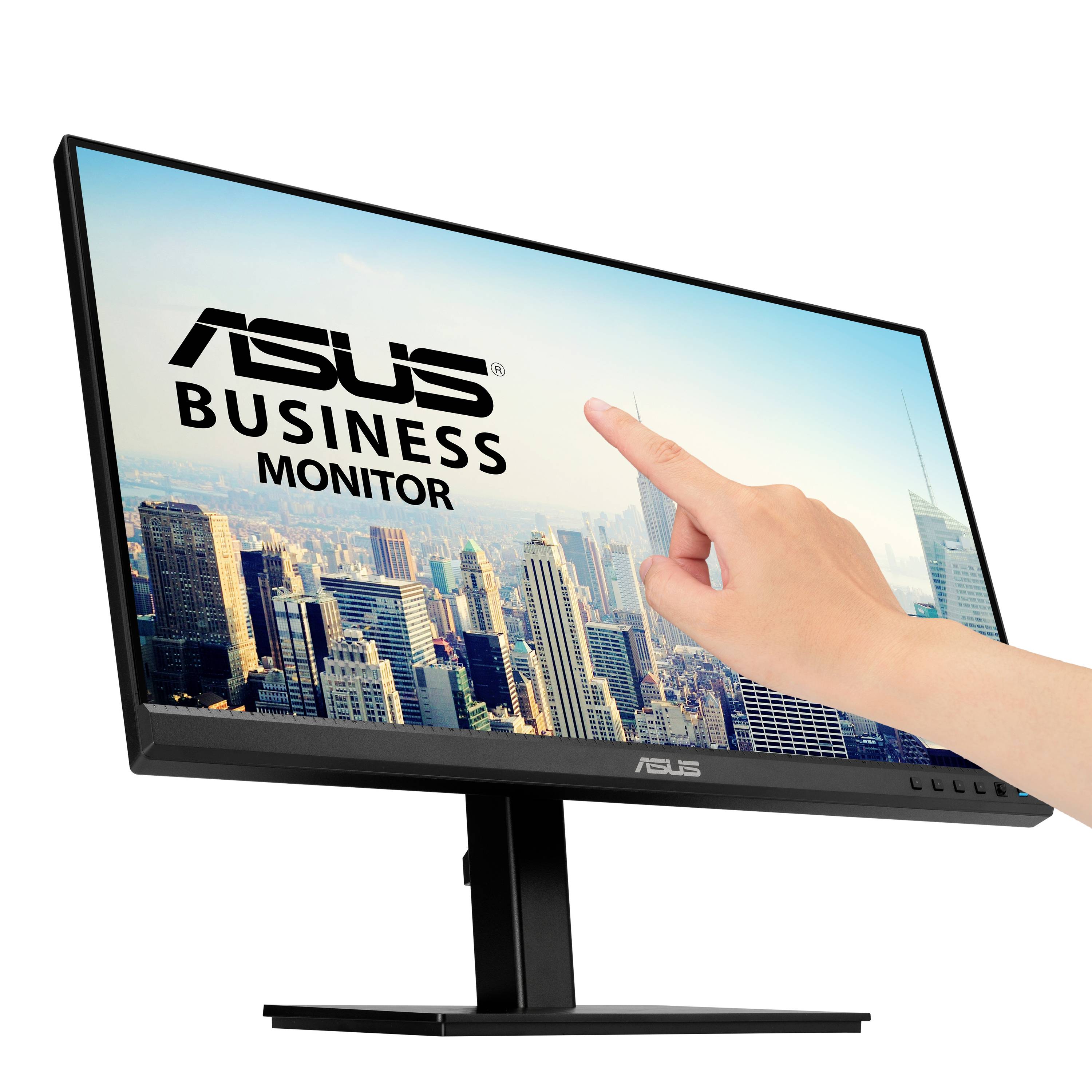 Ein Monitor mit der Aufschrift 'ASUS Business Monitor', eine Hand berührt den Bildschirm. Im Hintergrund eine Stadtansicht.