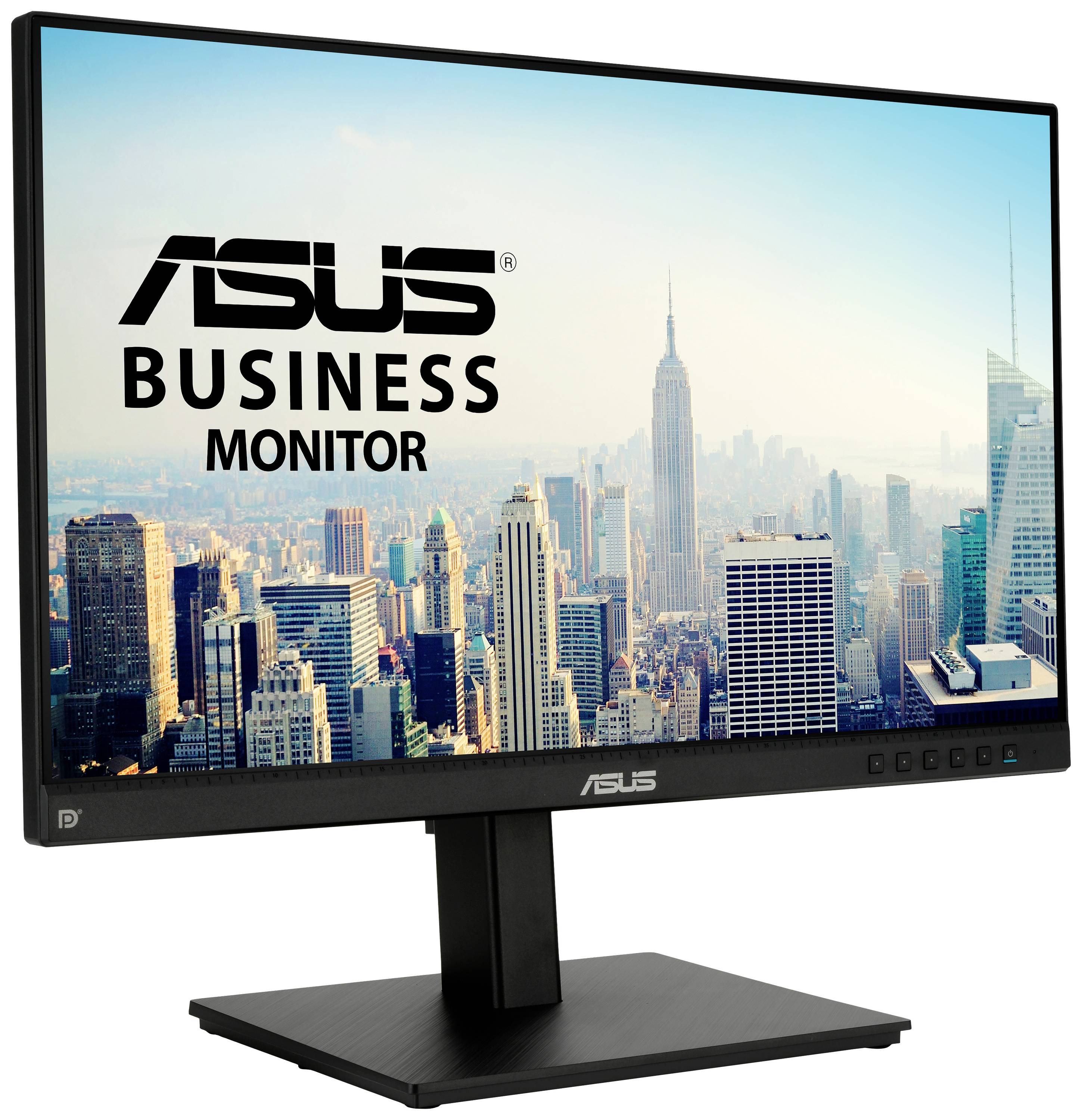 Ein Computerbildschirm zeigt die Skyline einer Stadt mit dem Text 'ASUS Business Monitor' im Vordergrund.