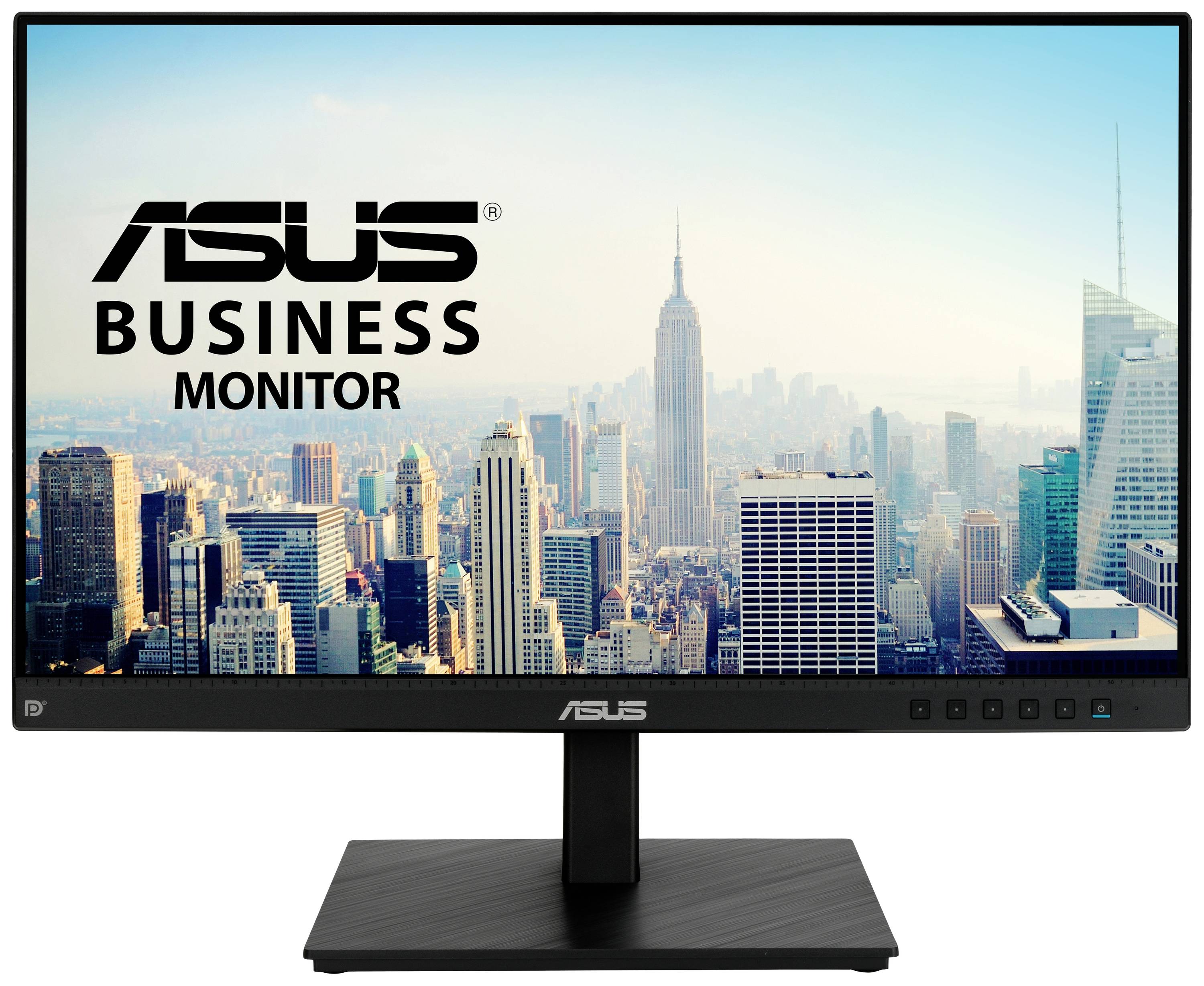 Ein ASUS Business Monitor zeigt die Skyline von New York mit dem Empire State Building im Zentrum auf dem Bildschirm.