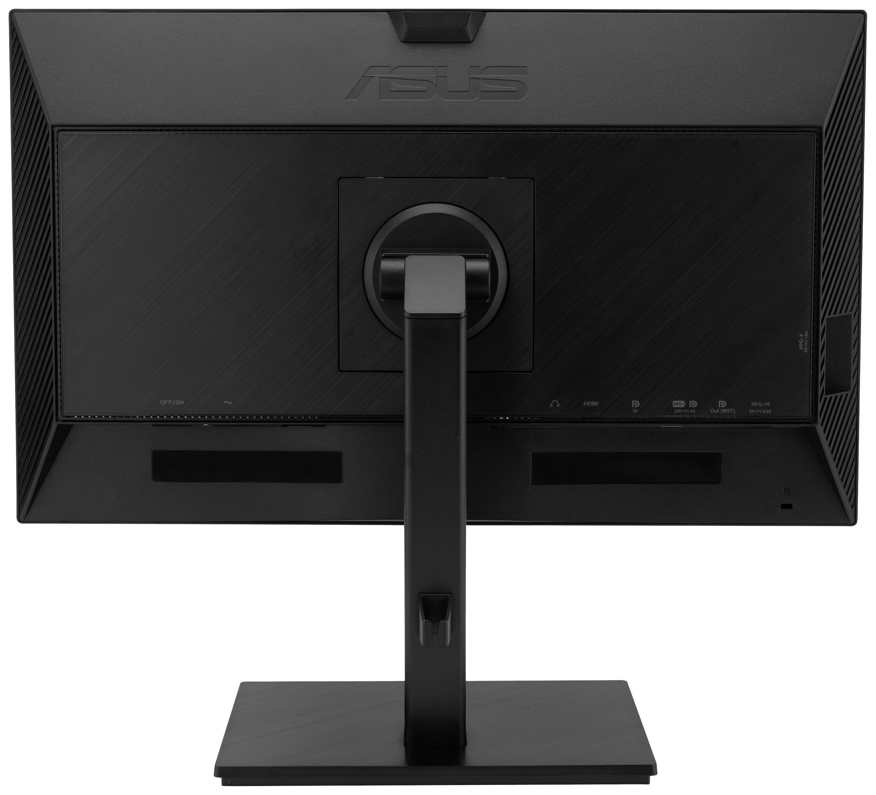 Rückseite eines schwarzen Computerbildschirms auf einem rechteckigen Standfuß. Markenlogo und Bedienelemente sichtbar.