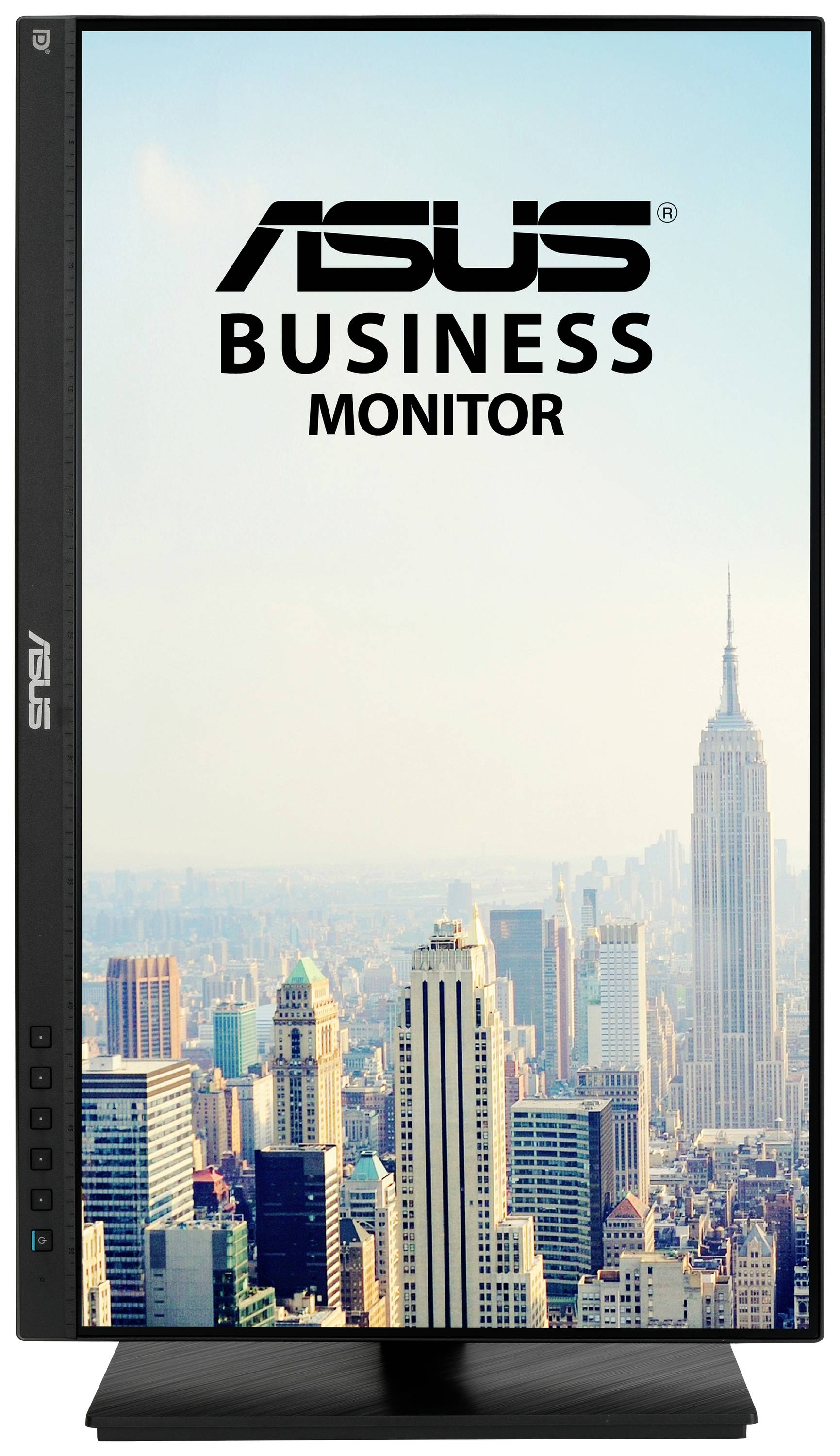 'ASUS Business Monitor' mit vertikaler Ansicht von Wolkenkratzern in einer Stadtlandschaft.