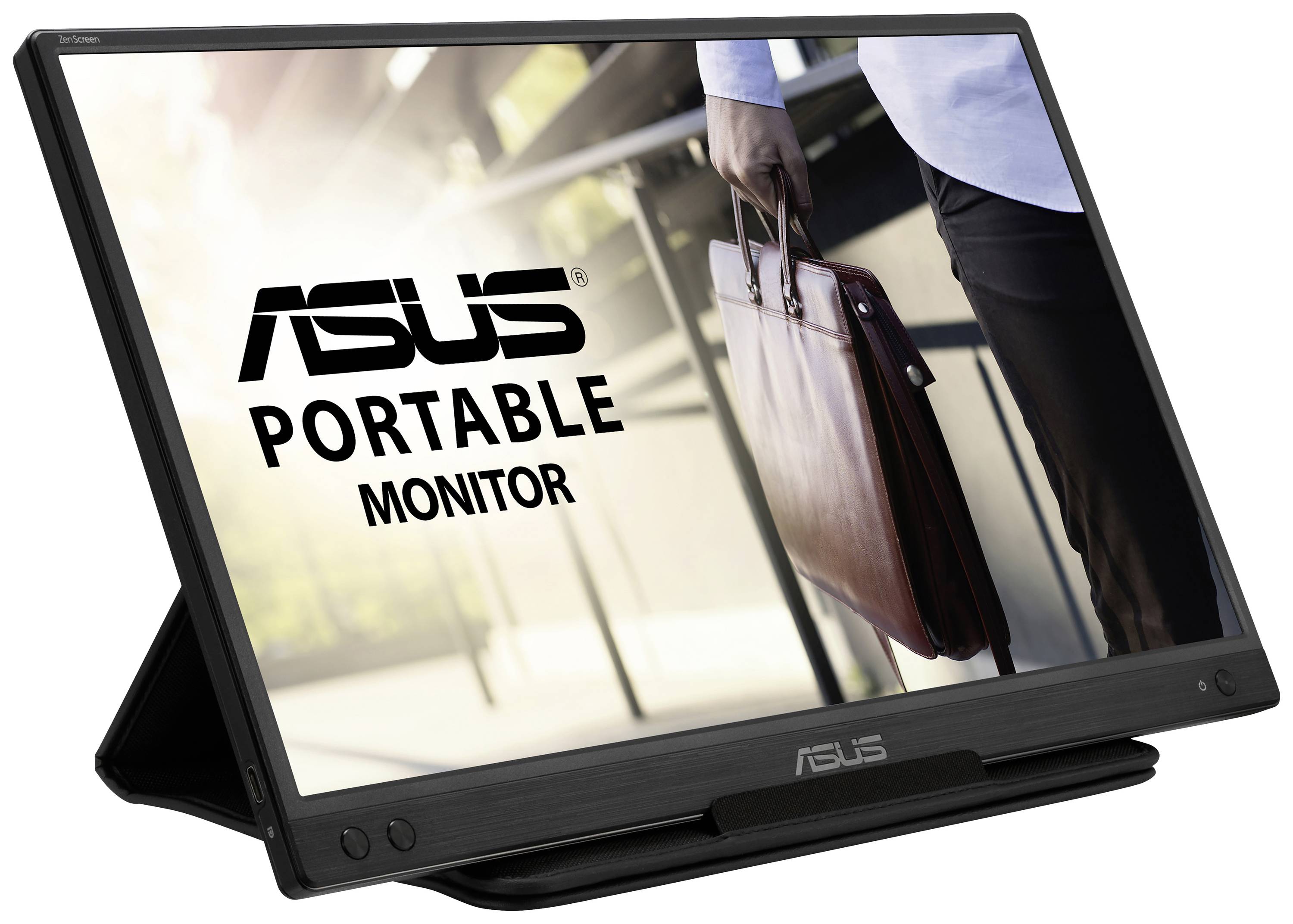 'ASUS Portable Monitor' mit Display von Mann mit Aktentasche, ideal für flexibles Arbeiten unterwegs.