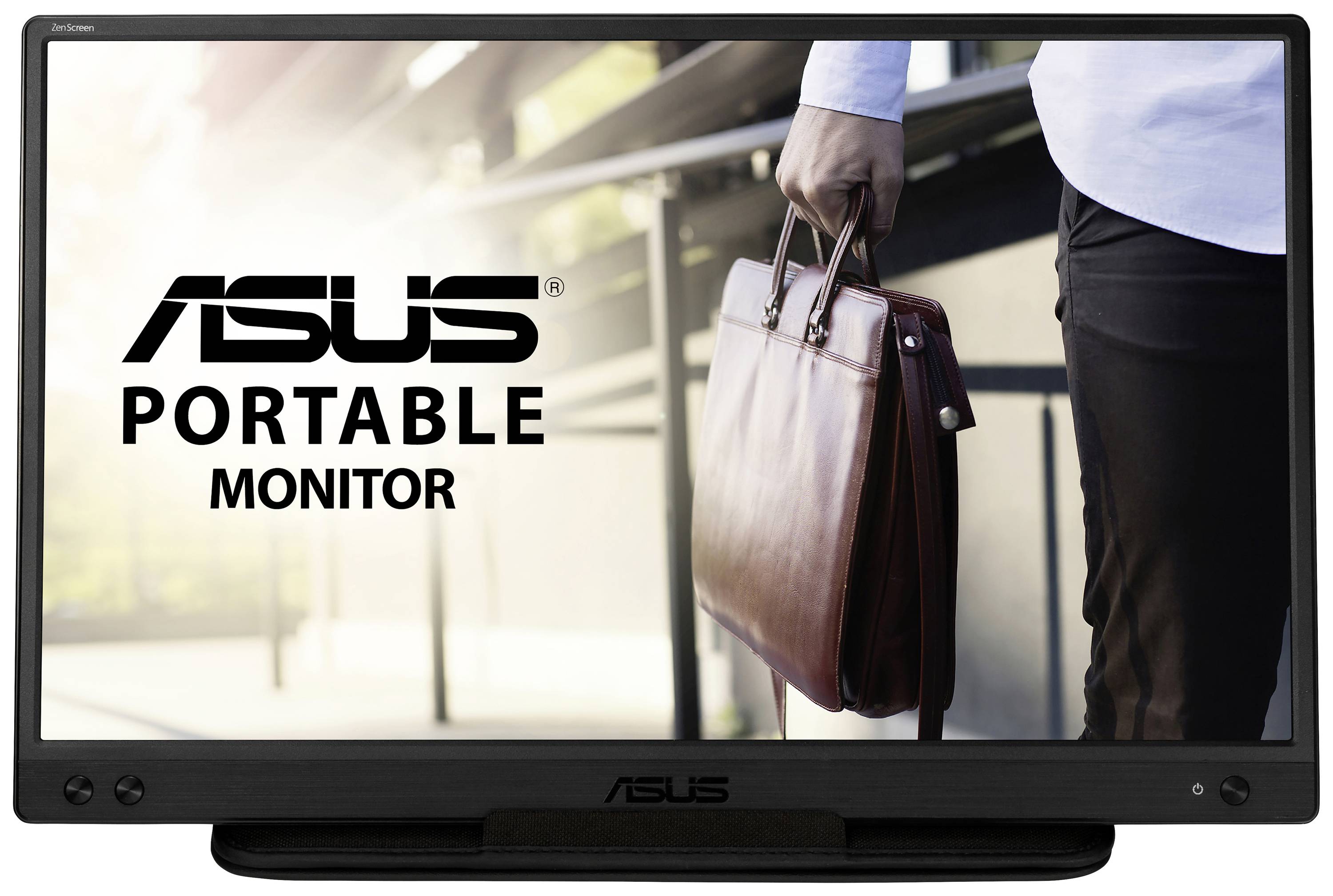 Ein tragbarer ASUS-Monitor zeigt ein Bild einer Person, die eine Aktentasche trägt. Text 'ASUS Portable Monitor'.