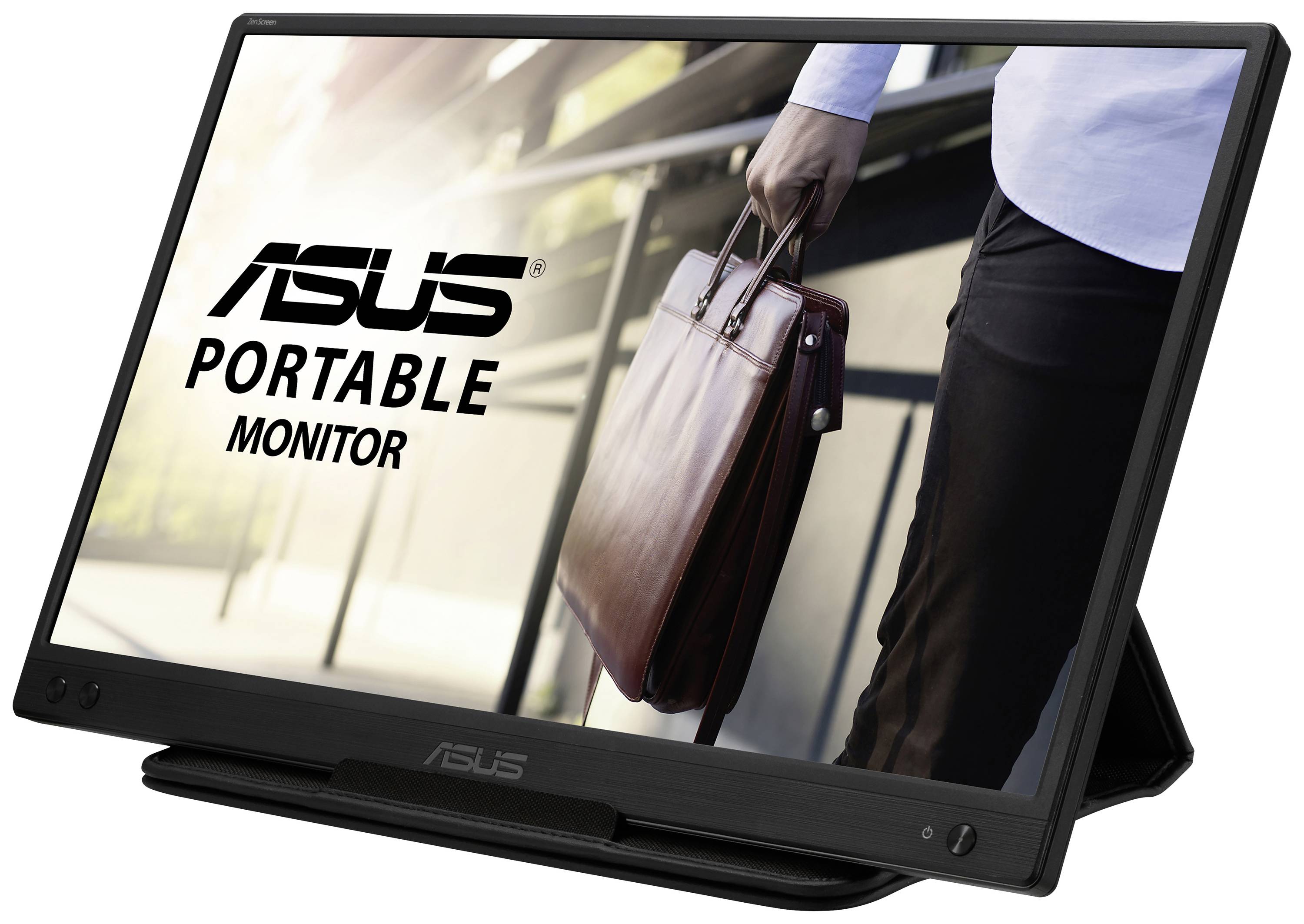 Asus tragbarer Monitor, zeigt Mann im Anzug mit Ledertasche, freistehend.