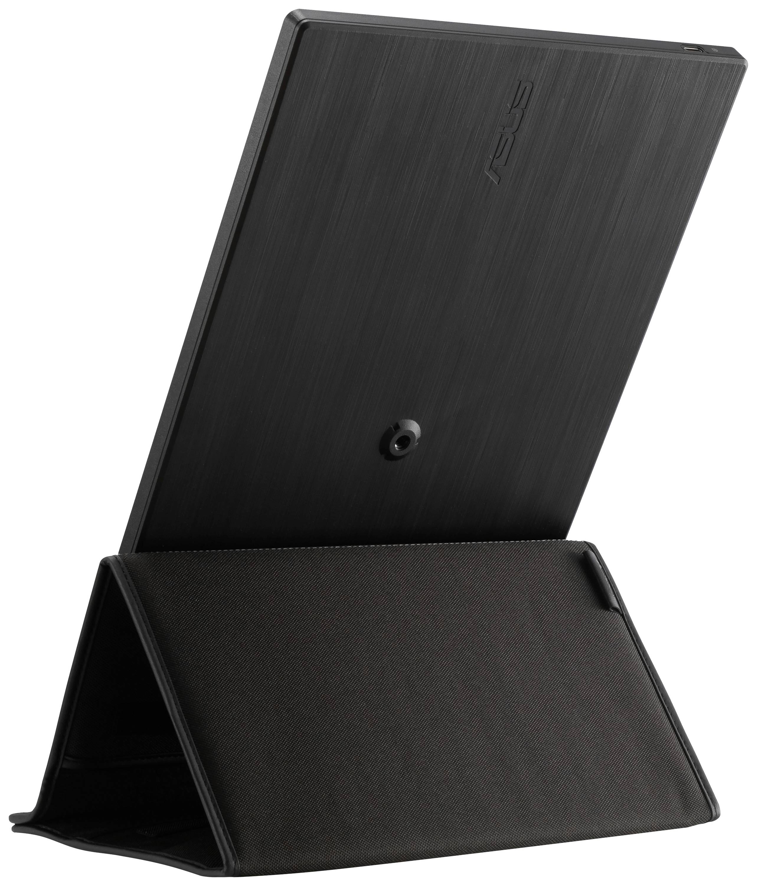 Eine schwarze Tablet-Hülle im aufrechten Stand. Die Rückseite des Tablets ist sichtbar.