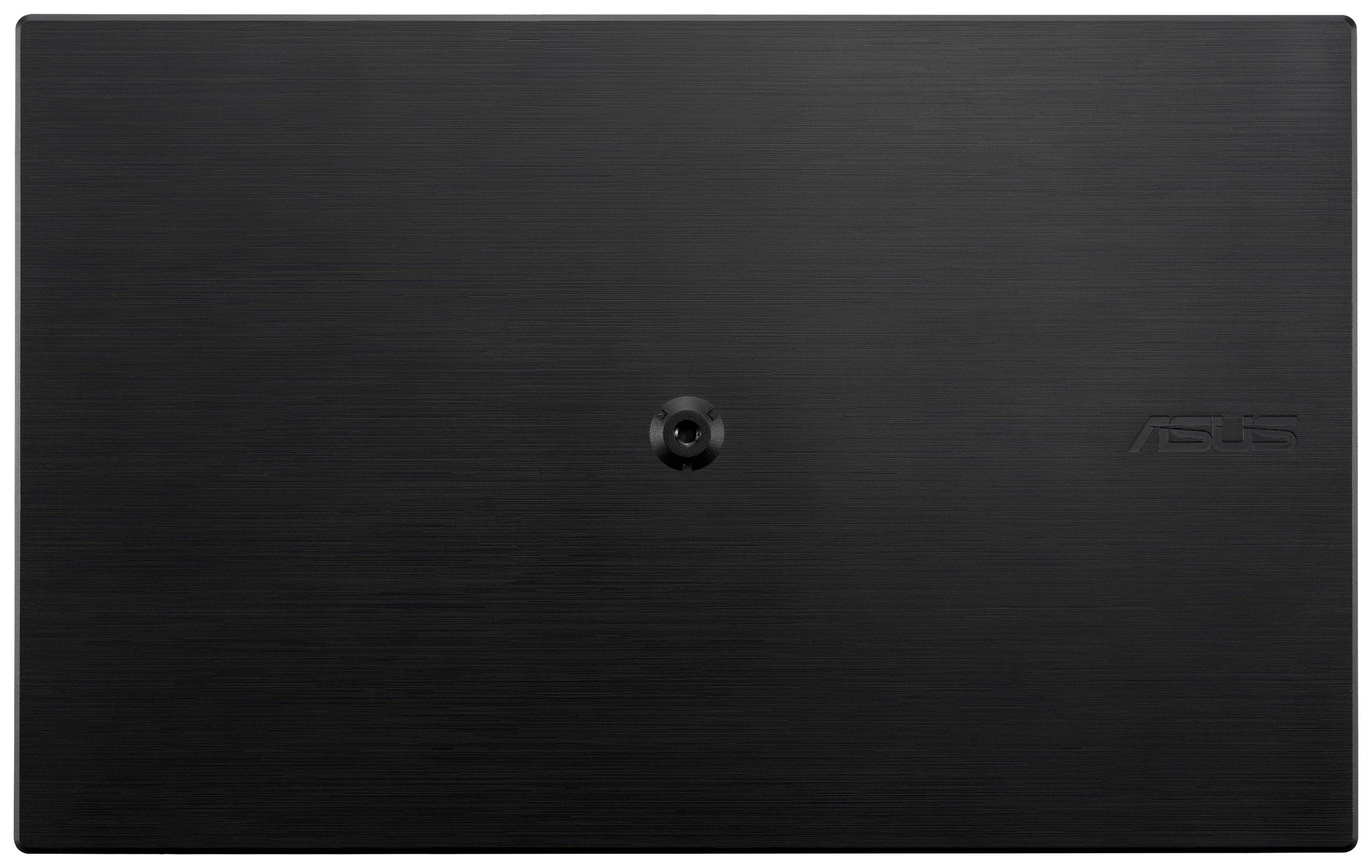 Ein schwarzer Laptopdeckel mit Textur und einem mittig platzierten Scharnier. Auf der rechten Seite das Logo einer bekannten Elektronikmarke.