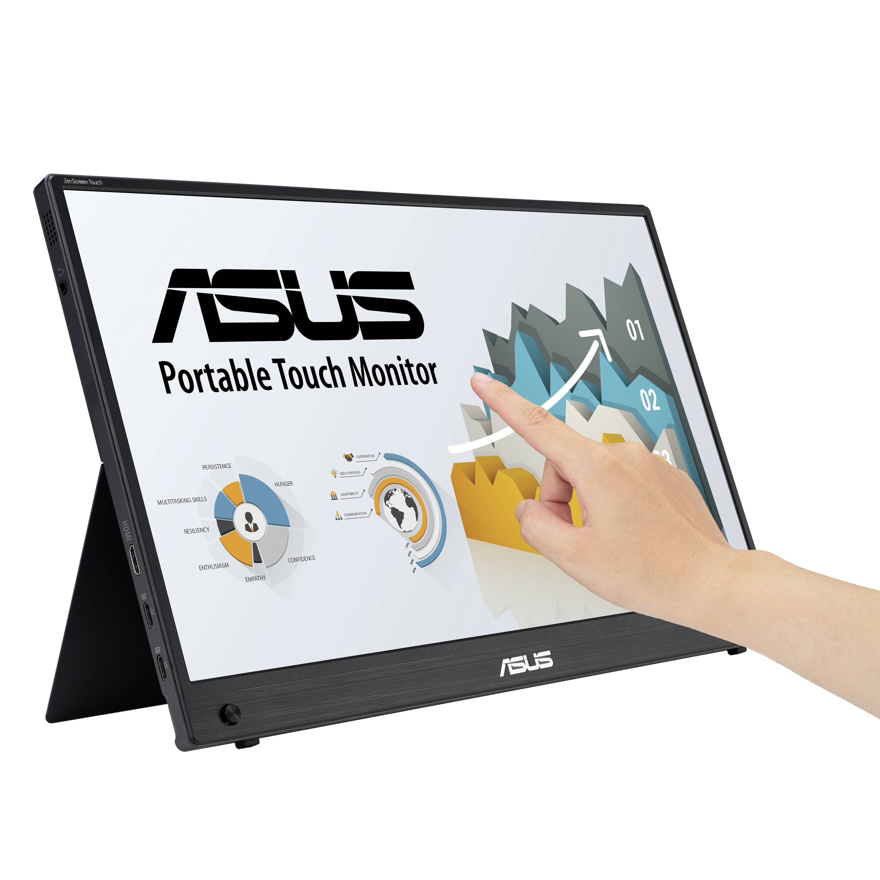 Ein Finger berührt den Bildschirm eines ASUS Touch-Monitors, der ein Diagramm mit steigenden Werten anzeigt.