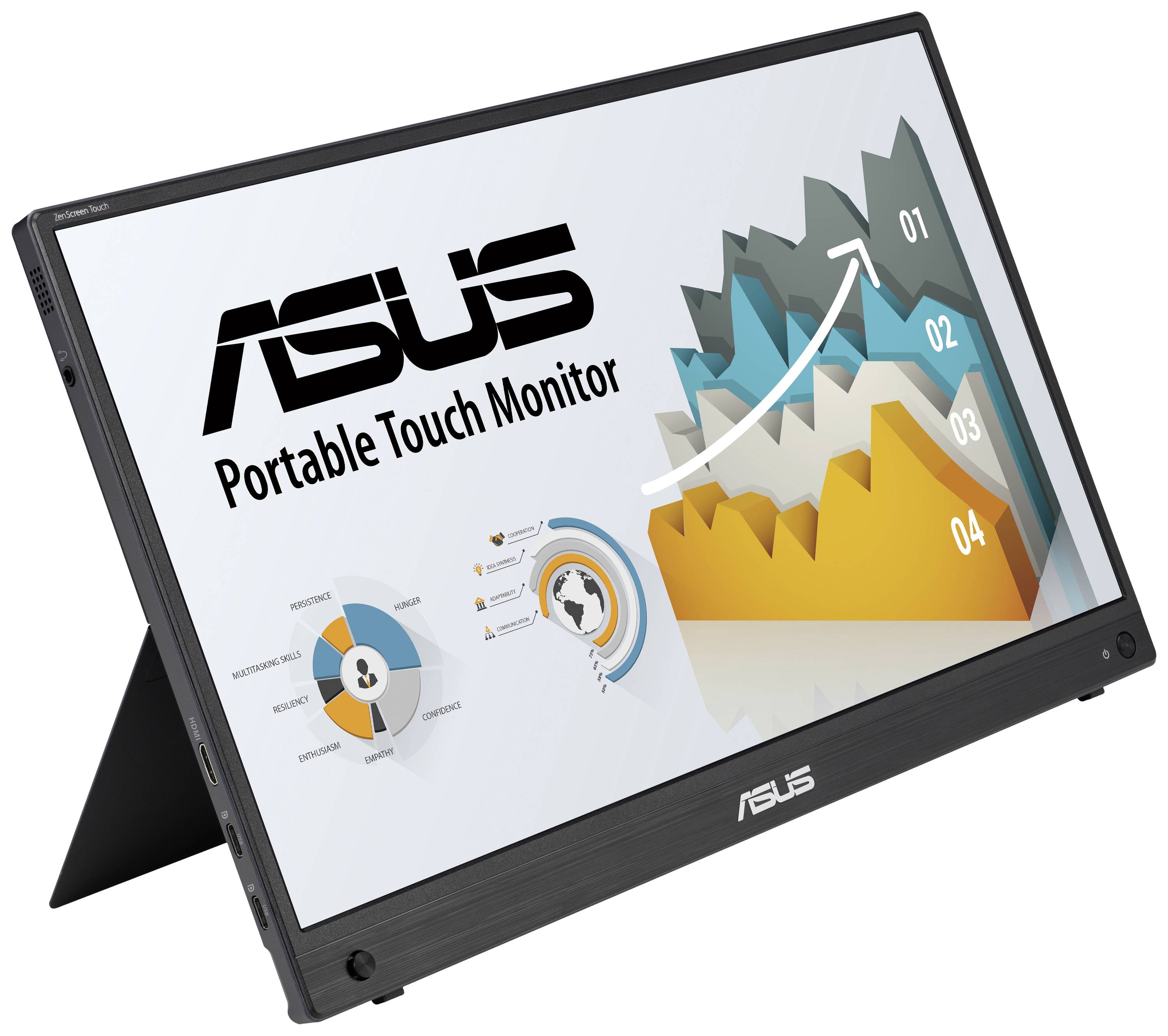 Tragbarer Asus Touch-Monitor mit grafischer Darstellung auf dem Bildschirm, die einen aufsteigenden weißen Pfeil und nummerierte Wellen zeigt.
