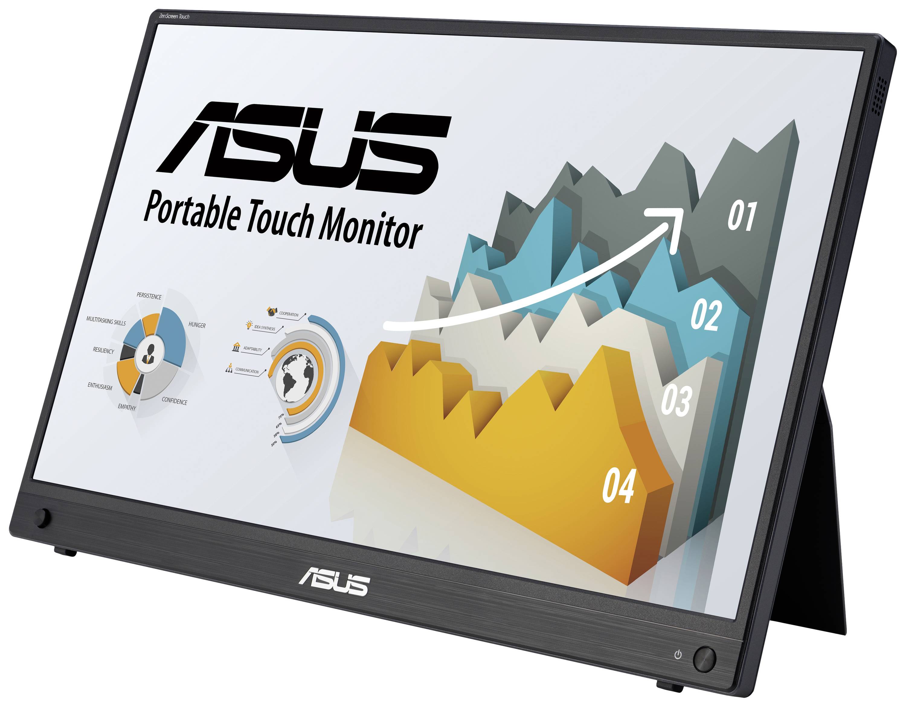 Tragbarer ASUS Touch-Monitor zeigt Diagramm mit ansteigenden, farbigen Flächen, die verschiedene Wachstumsstufen 01 bis 04 darstellen.