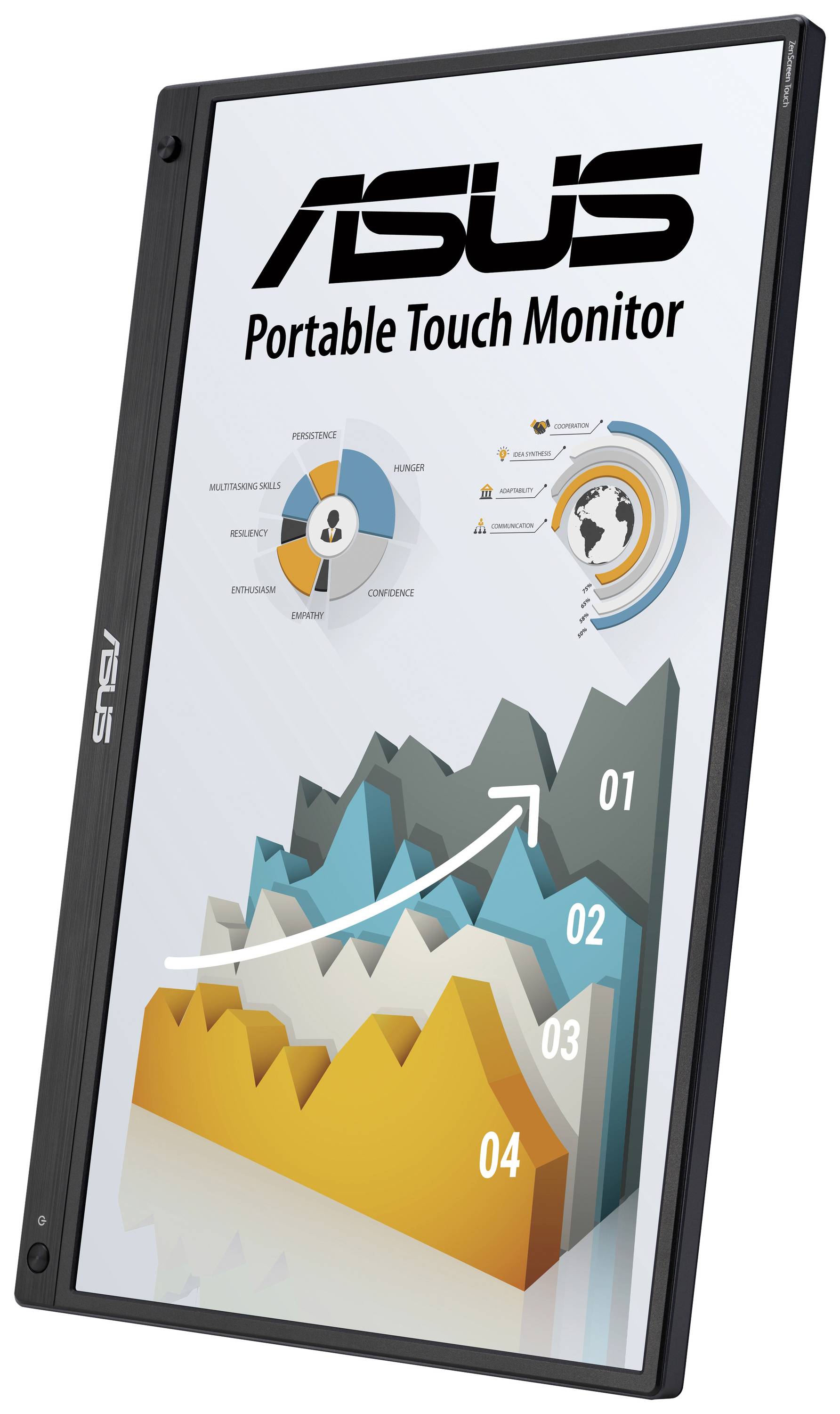 Vertikaler ASUS Touchscreen-Monitor zeigt ein 3D-Diagramm mit vier Datenpunkten und einem Infografik-Element oben.