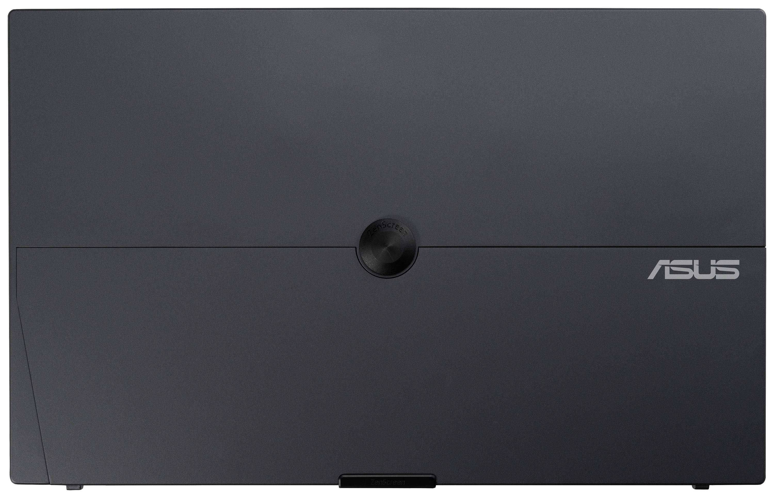 Schwarzes ASUS-Laptop von vorne, geschlossen, mit zentralem Scharnier und ASUS-Logo unten rechts.