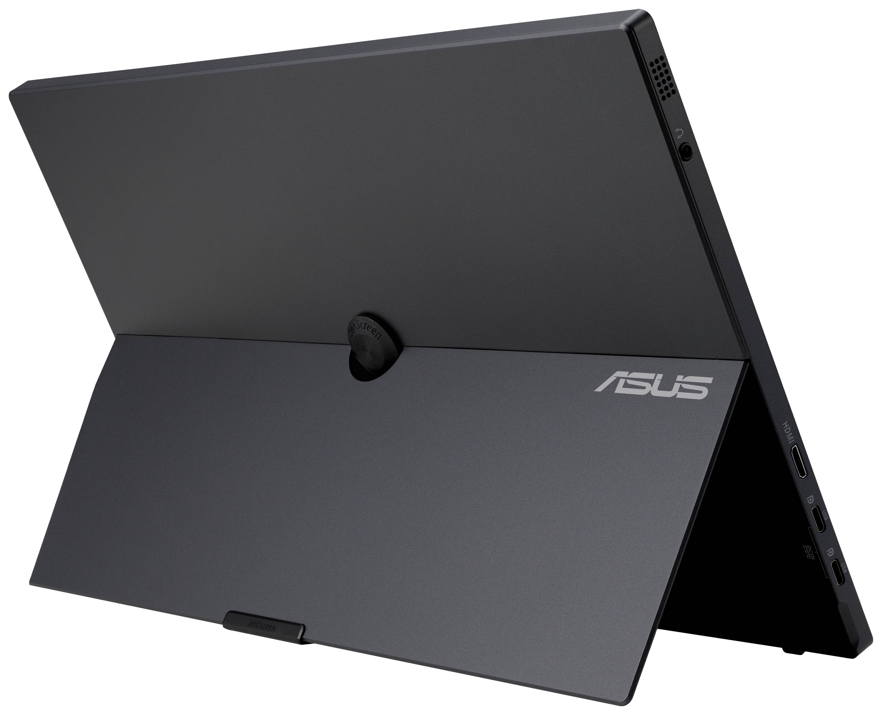 Ein schwarzer Asus Laptop steht im Tablet-Modus mit aufgeklapptem Standfuß auf einem Tisch. Das Asus-Logo ist auf der Rückseite sichtbar.
