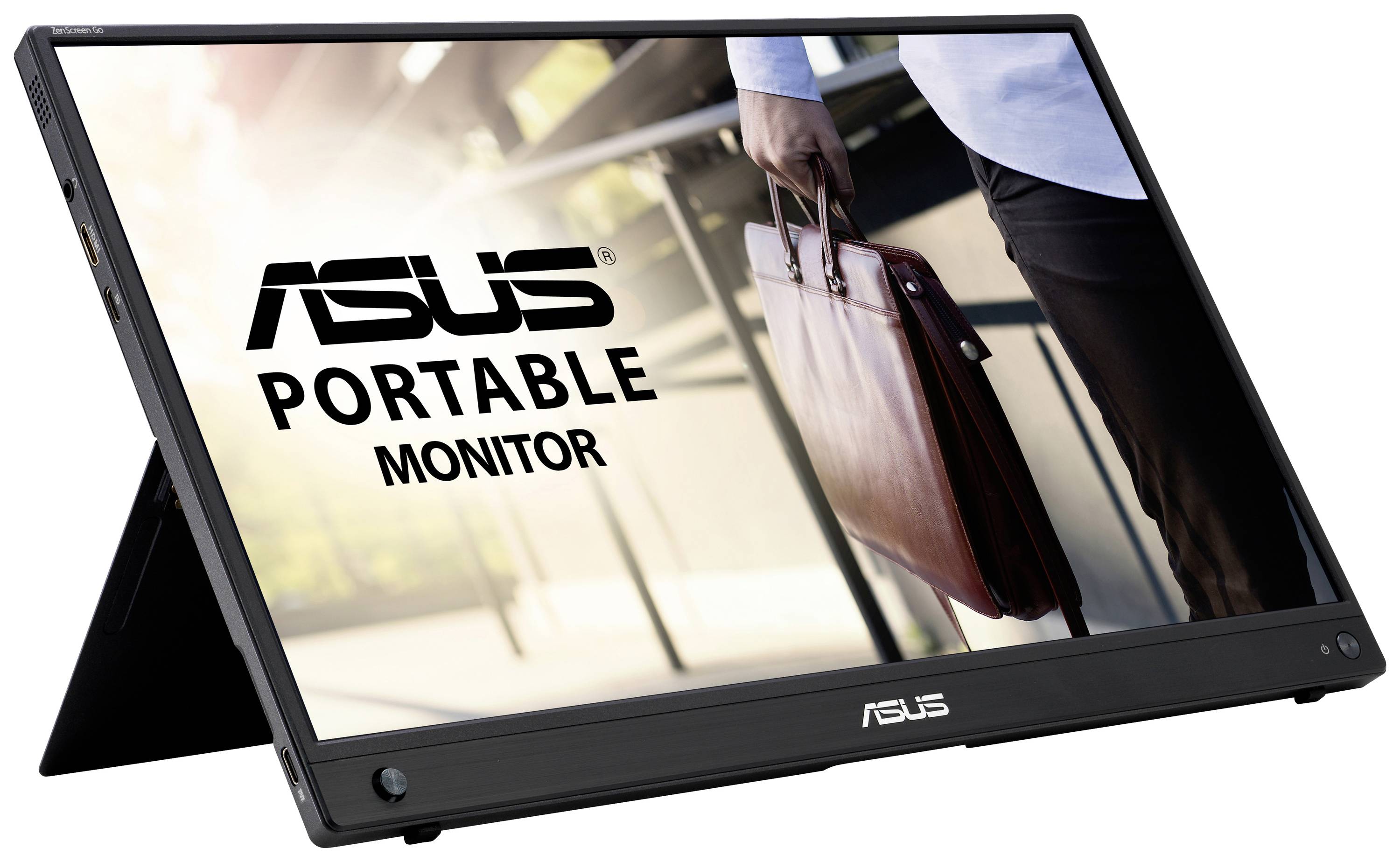 Externer ASUS-Monitor im Einsatz, zeigt eine Person mit aktentaschenähnlichem Etui, das unterwegs getragen wird.